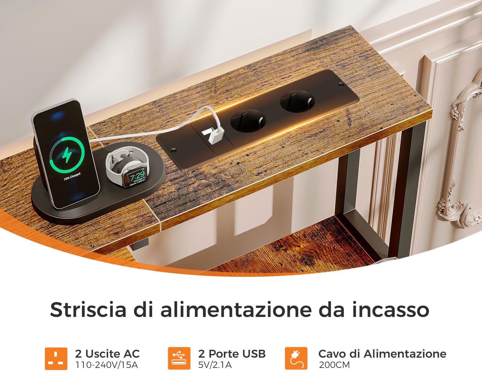 Coleshome Scrivania Gaming con LED e Prese, 140x48cm Scrivania con 2 Cassetti, Tavolo Computer Reversibile con Supporto Monitor e Vassoio per Tastiera Ufficio Casa, Marrone