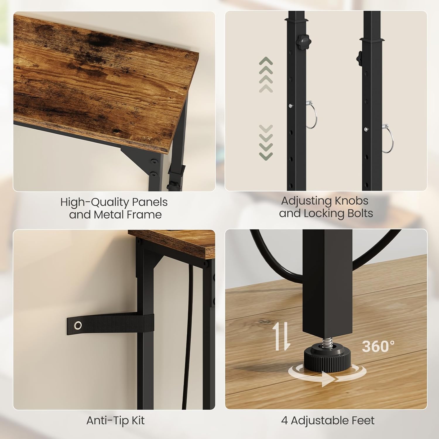 Narrow Console Table with Adjustable Height(21.1"-29.9"), Set of 2, Behind Couch Table, Entryway Table with Power Outlet, Sofa Table for Entryway, Living Room Rustic Brown and Black TXG10UP2BF