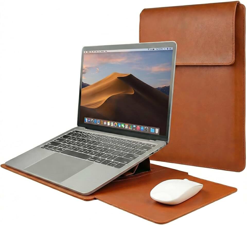 Capa PREMIUM em Couro para Macbook Pro e Air 13" a 14" Polegadas (2016-2025) com Suporte Ergonômico e Mousepad Integrado, Compatível com Notebook (Marrom)