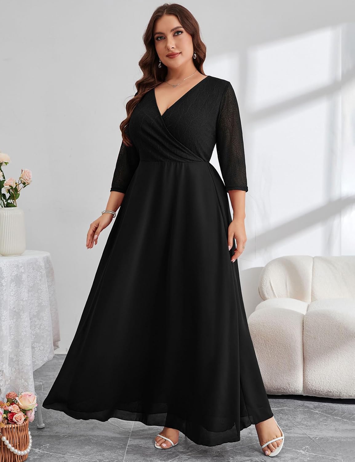 ZOMVA Plus Size Maxi Formal Dress Lace Chiffon Floral V-Neck Wrap Wedding Guest Evening Gown Cocktail Prom 3/4 Sleeves - Image 2