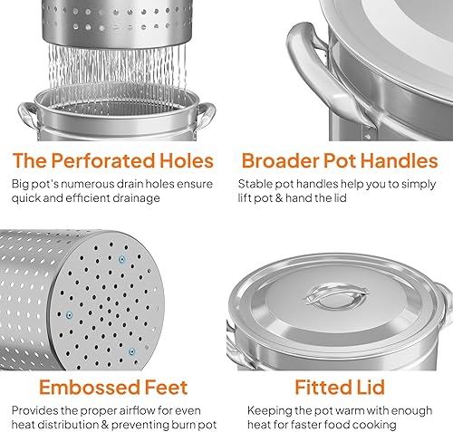 Miniatura 3 de ROVSUN Freidora de Pavo y Olla para Hervir Mariscos de Acero Inoxidable de 36 Cuartos de Galón con Canasta, Tapa y Gancho, Olla Grande para Cocinar