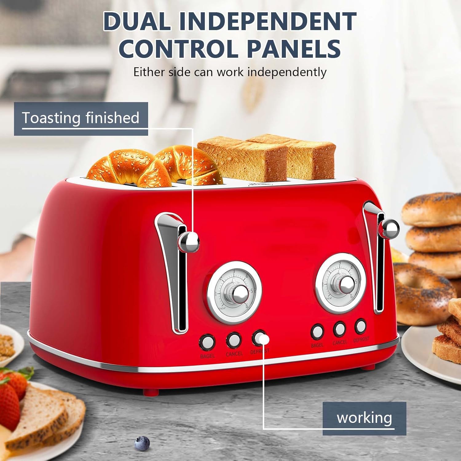 Long Slot Toaster 4 Slice Wide Slot, Stainless Steel Toaster with 6 Browning Settings & Bagel Defrost/Reheat Functions, Compact Kitchen Toasters with Removable Crumb Tray, 1500W (Red)
