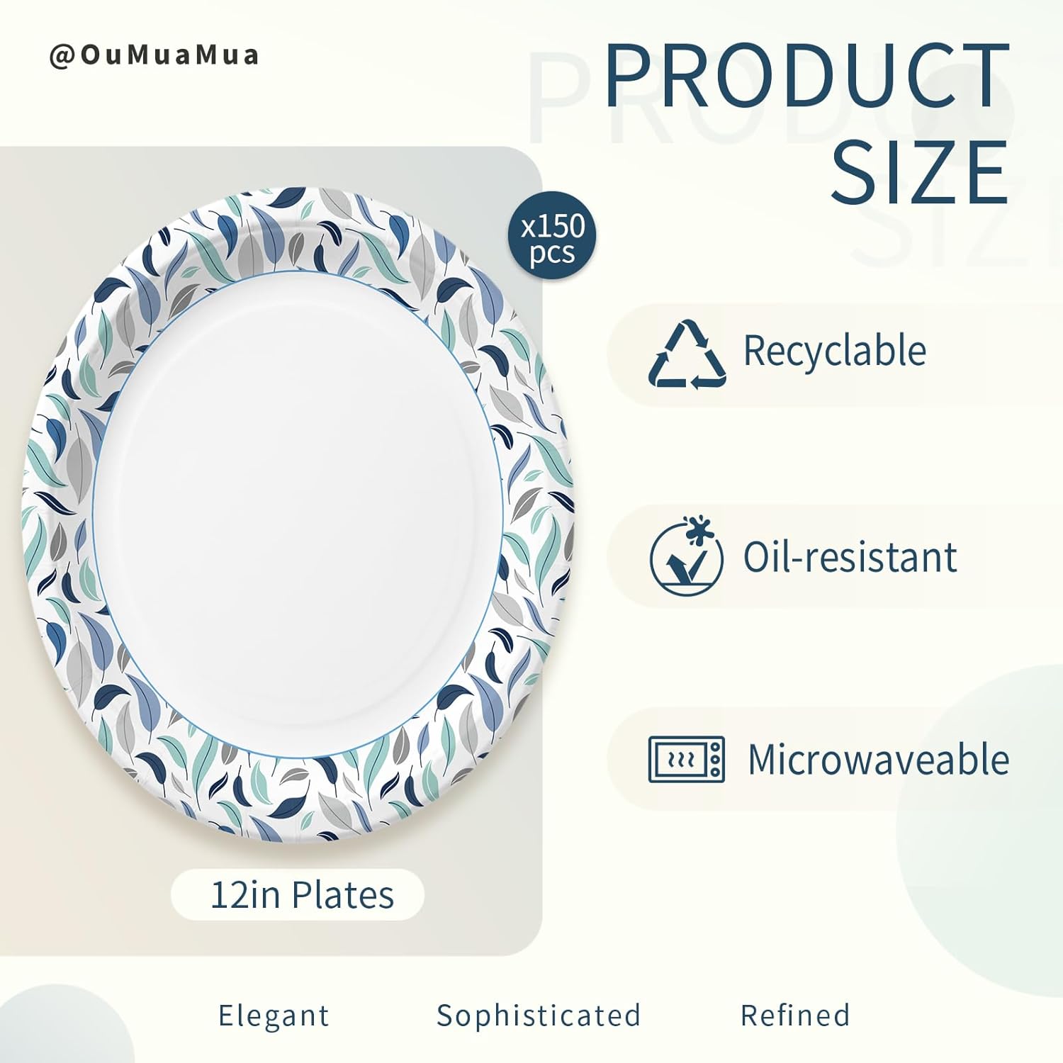 OuMuaMua Paper Plates 12 Inch, 150 Count Large Disposable Plates, Soak Proof & Cut Resistant, Microwave Safe, Sturdy Bulk Plates for Events Parties, BBQ & Large Meals