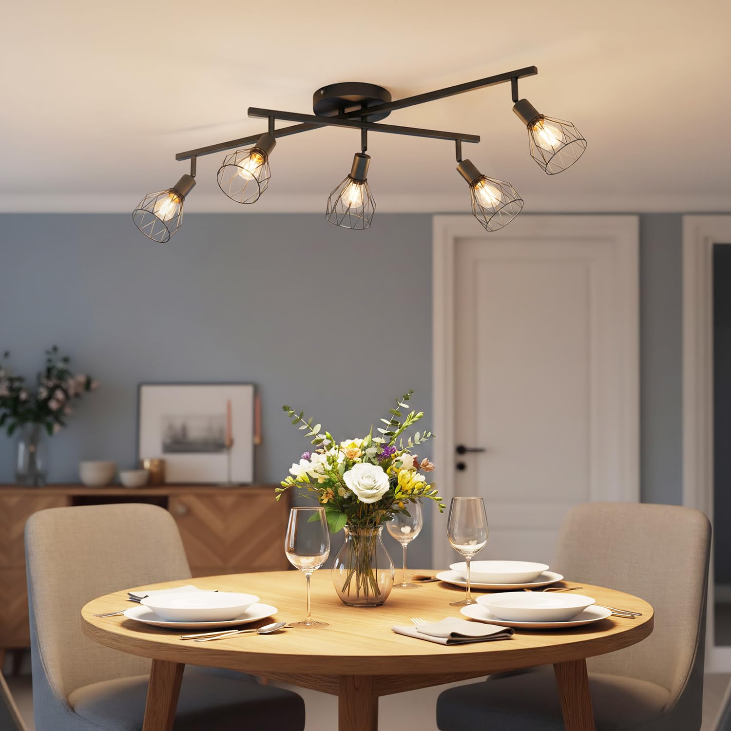 LVWIT Faretti Soffitto Nero, Faretti Orientabili con 5 Attacco E14, Faretto da Interno Moderna, Lampadario Faretti per Barra, Salotto, Cameretta, Cucina,Corridoio Illuminazione (Senza Lampadina)