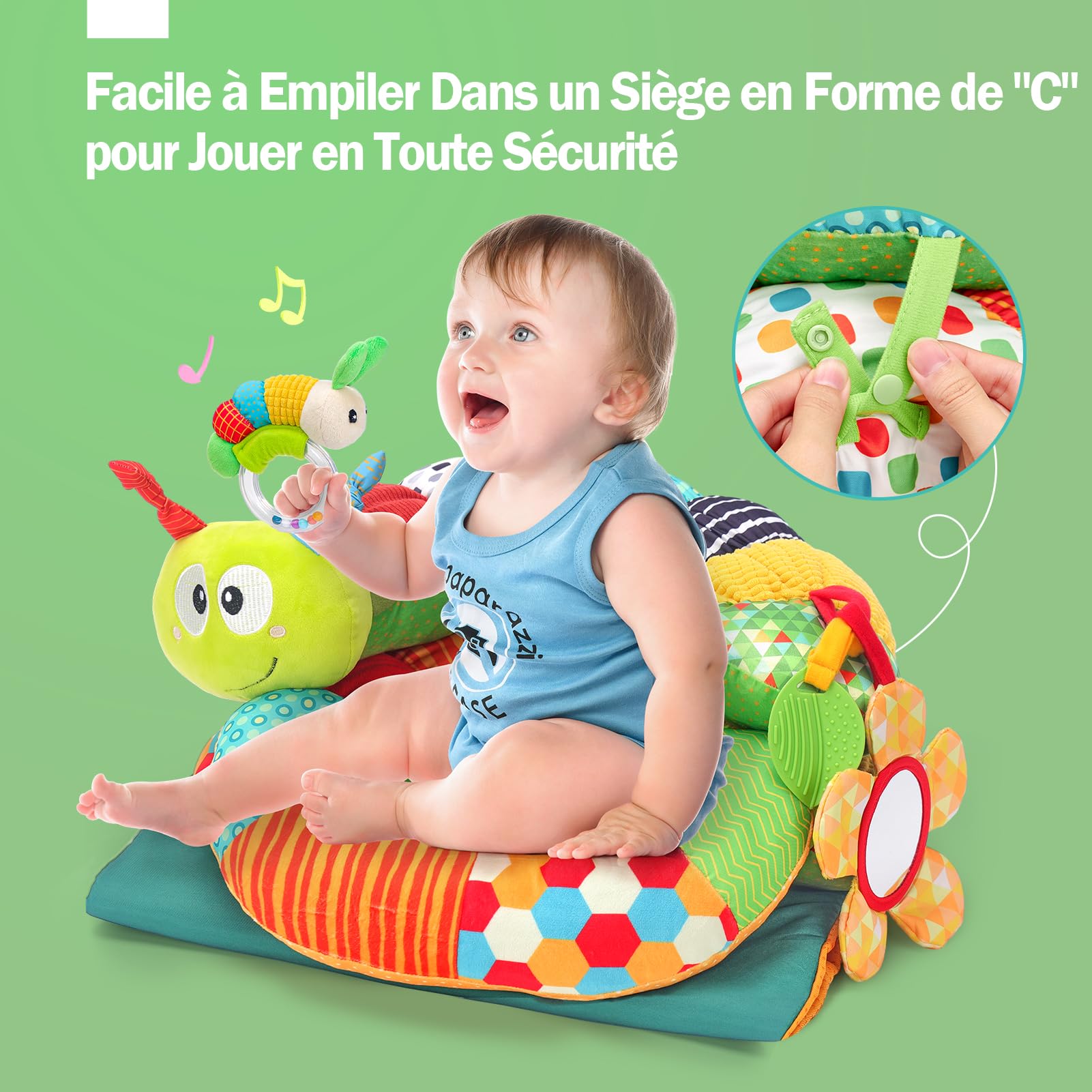 hahaland Jouet Bebe 0-3 6 9 Mois, 3 en 1 Tummy Time Chenille Coussin Bebe Tapis d eveil Bebe avec Anneau Dentition Bebe, Hochet et Miroir, Jouet d'activité et développement pour Nouveau-Nés 0-6Mois