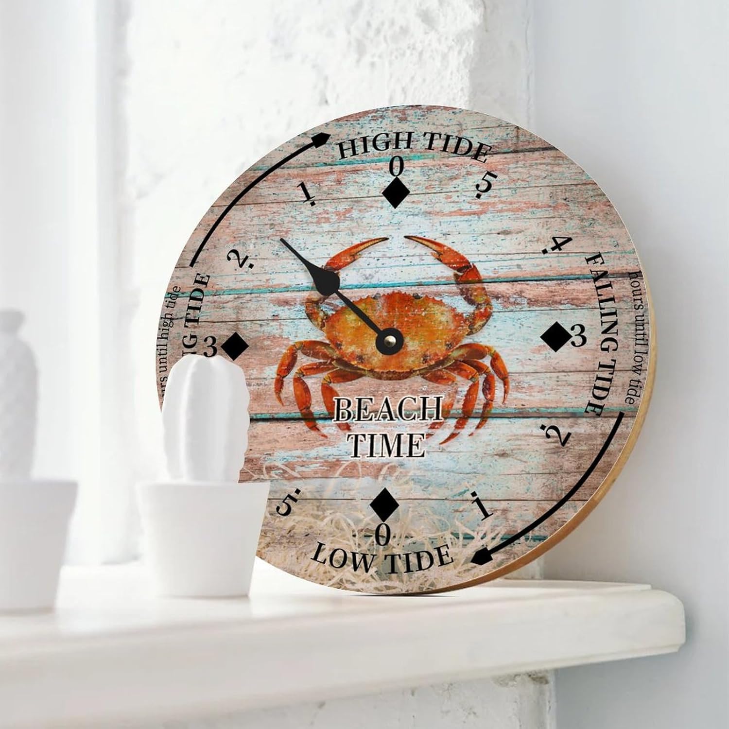 Rustic Wood Tide Clock Beach Time Ocean Crab Ocean Time Rustic Wooden Clock Wood Moon Tidal Clock for Wall High and Low Tide Movement Clock for Seaside House Cottage Hotel Camping 12x12 in