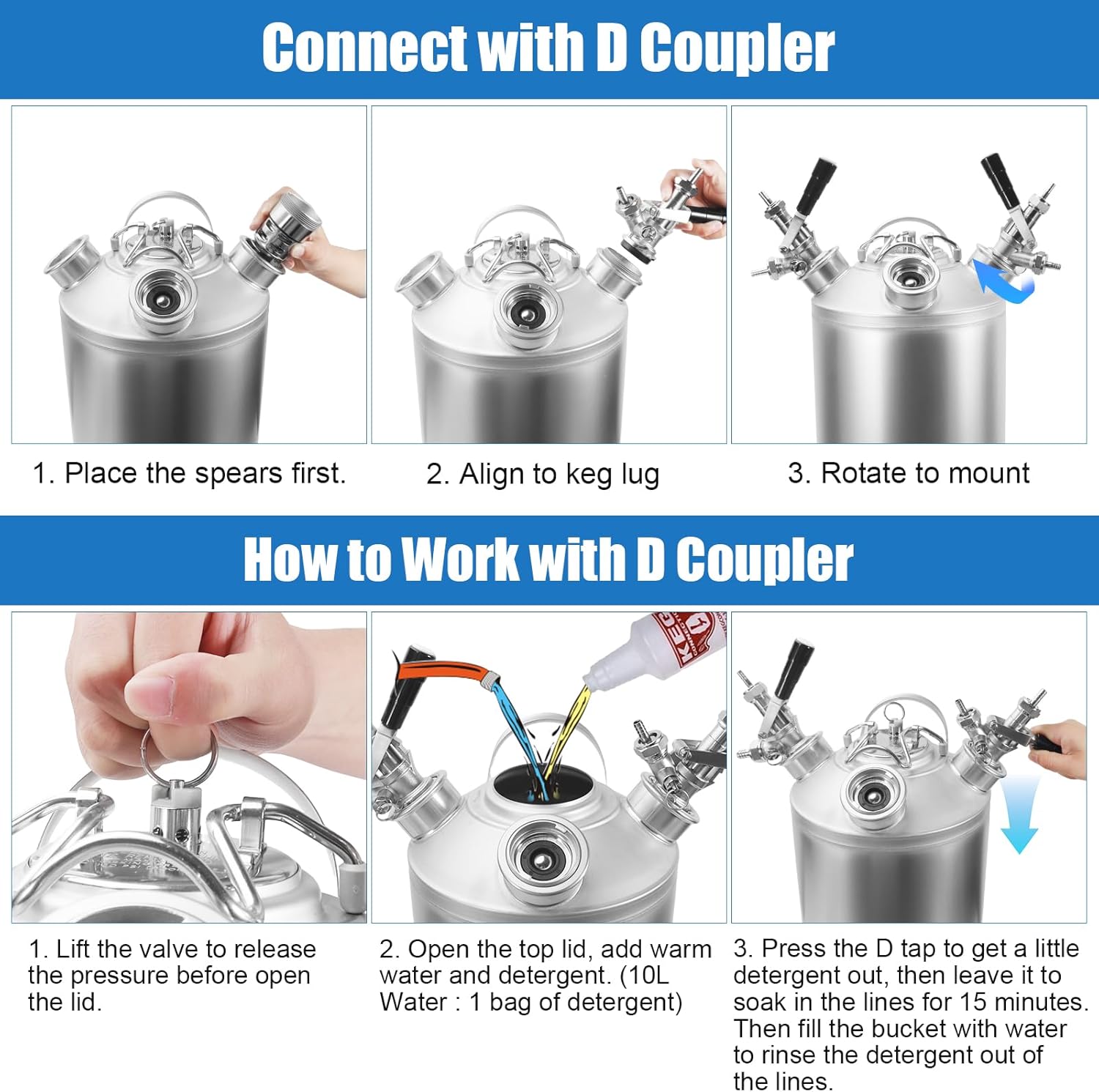 5 Gallon Stainless Beer Line Cleaning Keg Kegerator Line Cleaning Kit with 4 D Spears for D Coupler Mount, Efficient Keg Line Beer Line Cleaning Kit with Portable Handle for 4 HomeBrew Systems (19L)