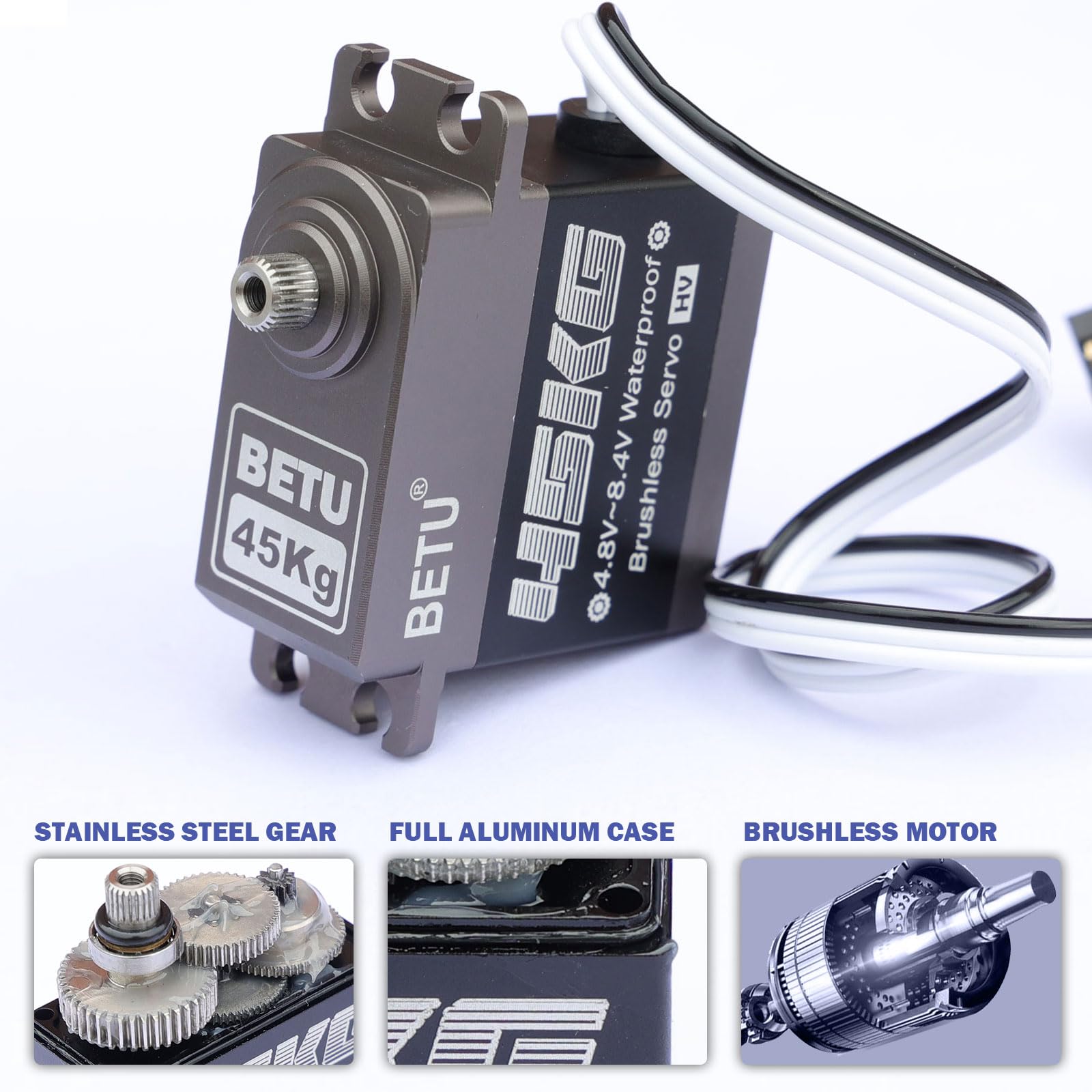 BETU Servo Brushless da 45 kg, Servo Waterpoof, RC Servo Compatibile con 1/5,1/6, 1/8, 1/10 RC Auto/Robot/Barca/Aereo