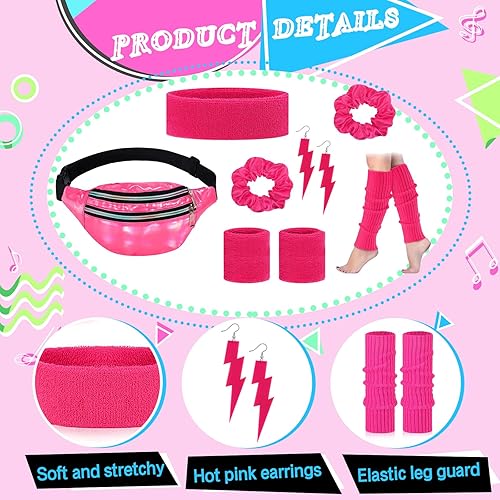 Miniatura 2 de Juego de accesorios para disfraz de entrenamiento de neón de los años 80, 10 unidades, calentadores de piernas para mujer, diadema de los años 80,