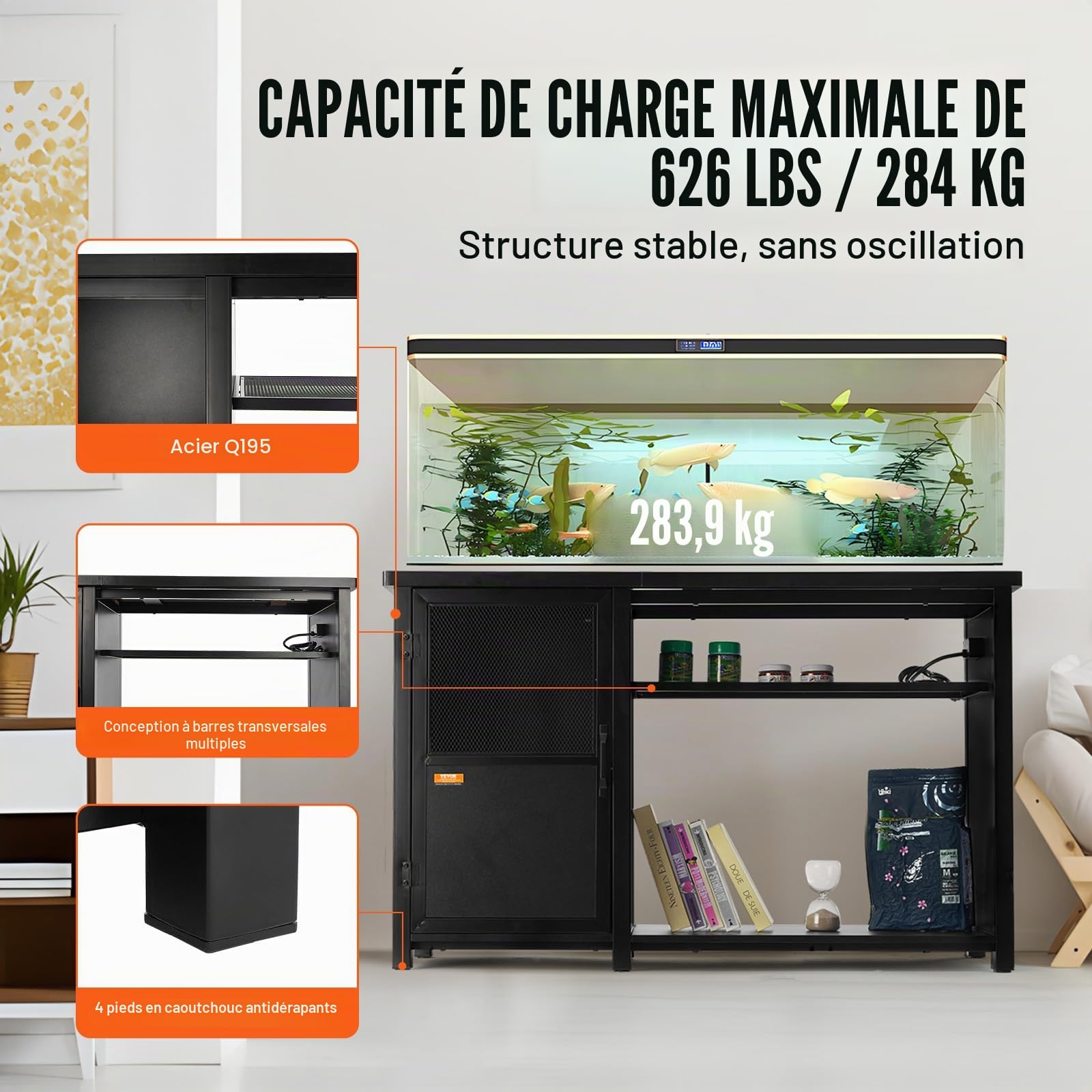 VEVOR Support pour Aquarium Charge 284 kg, Meuble pour Aquarium Aquariophilie 132x50x82 cm, en Acier et MDF, Support pour Réservoir de Reptiles avec Armoire de Rangement et Prise Électrique Intégrée