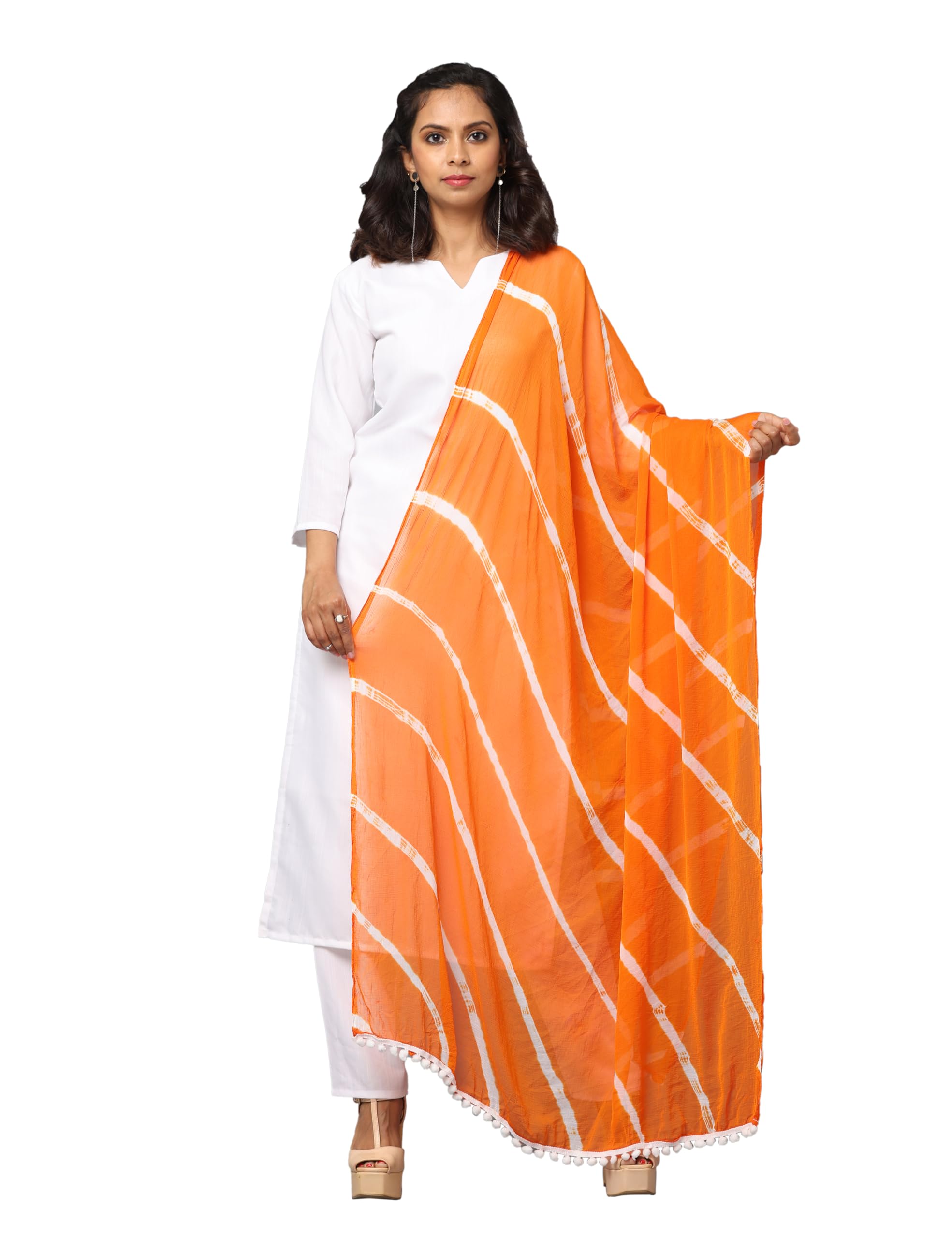 hella fashions Women's Soft and Silky Chiffon Dupatta| 2.5 Meter| Handcrafted Designer Leheriya Bandhini Tie & Dye Pattern with Stylish White Pom-Pom Lace on Sides (Pack of 1)-picture-34