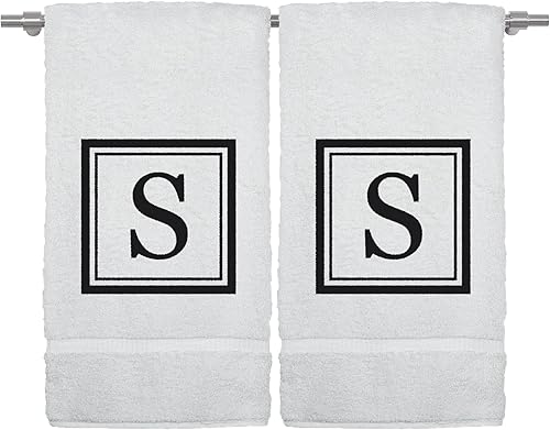Miniatura 60 de Monogrammed Hand Towel, 16 x 30 Inches Set of 2, Personalized Gift- White Letter Embroidered with Square Design on Black Towel - Extra Absorbent
