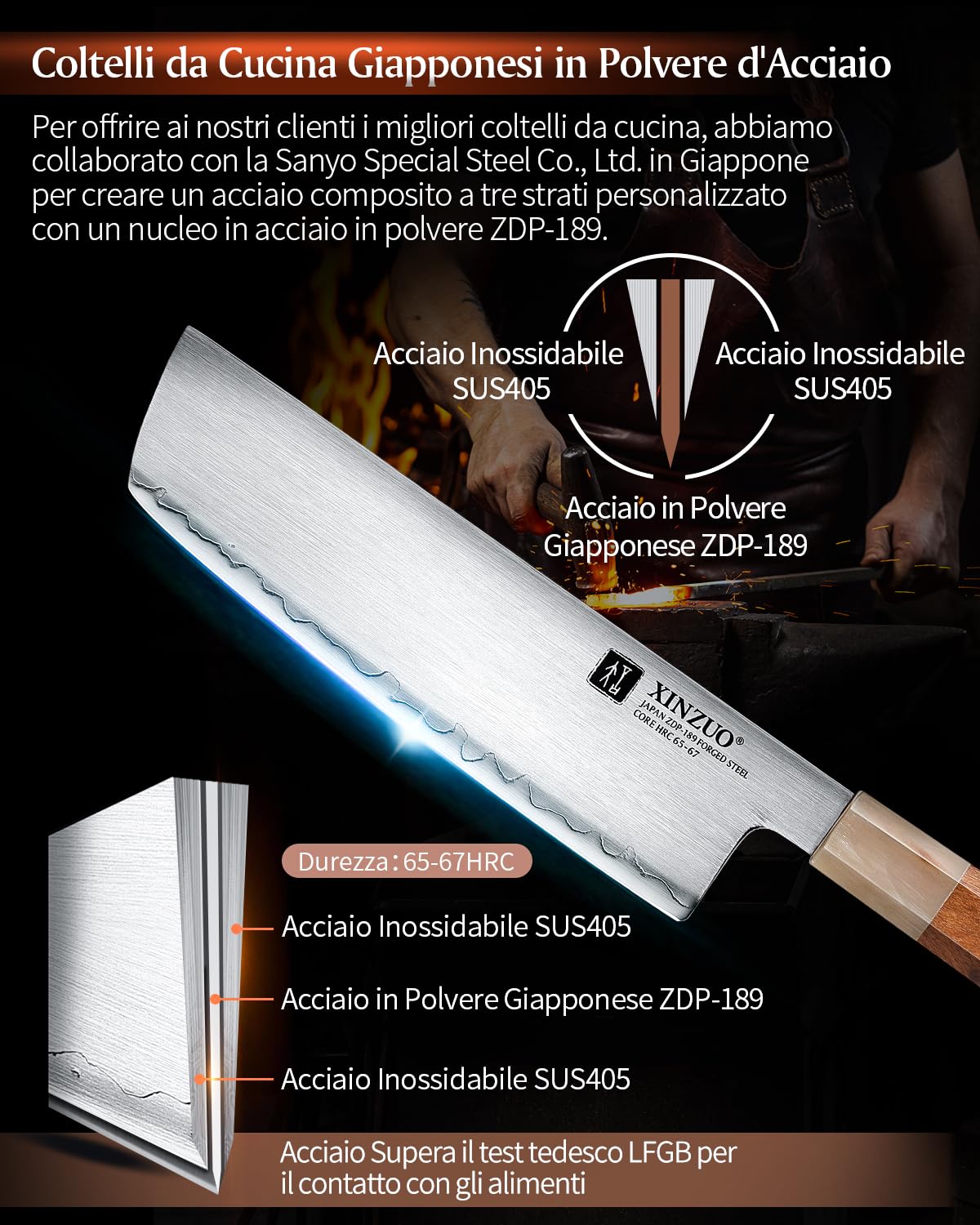 XINZUO Acciaio Giapponese Coltello Nakiri 18.3cm Coltello da Cucina, Forgiato a Mano Coltello da Cuoco Acciaio in Polvere Giapponese ZDP-189, Affilate Coltello per Verdure -Manico in Desert Ironwood