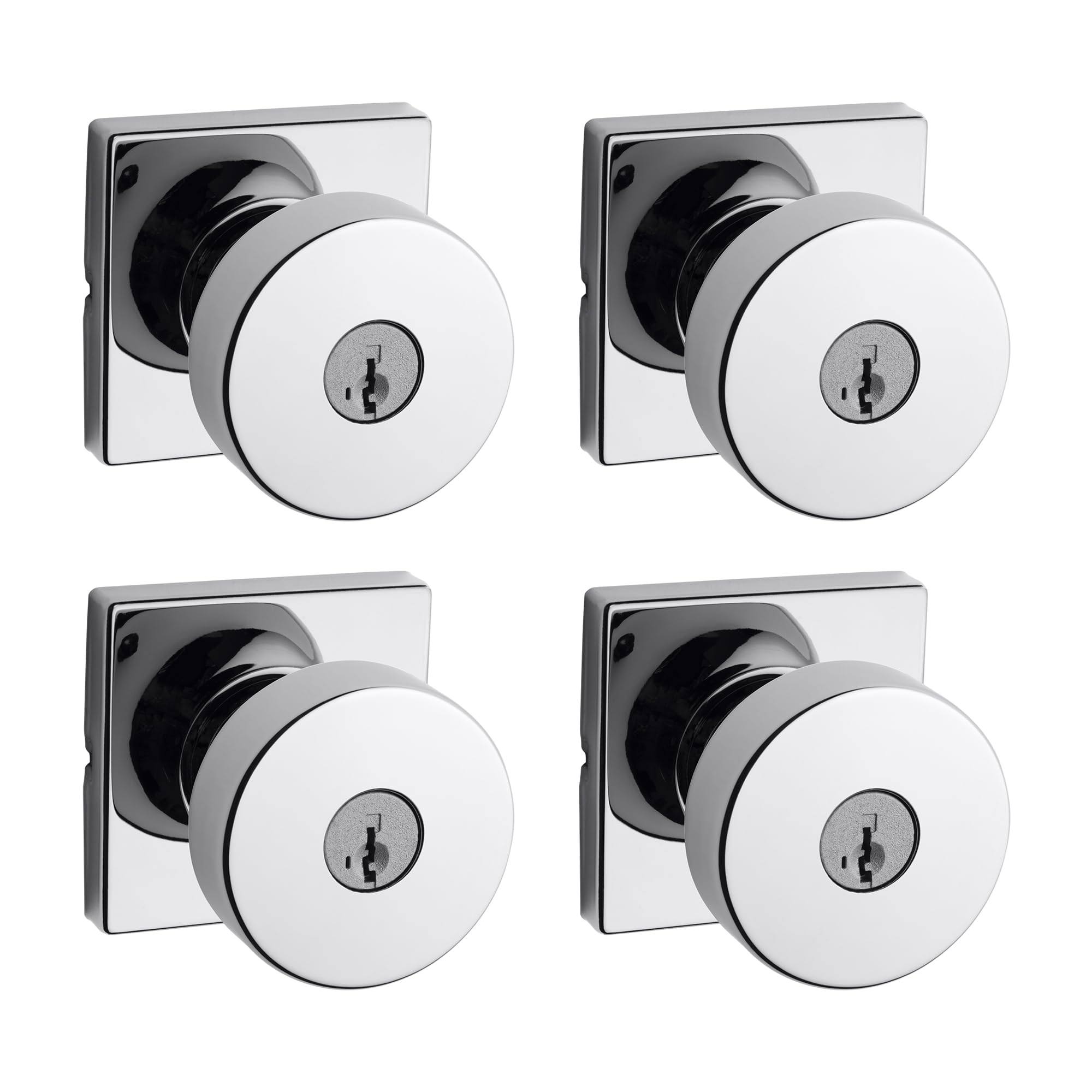 Kwikset Pismo Entry Door Knob with Lock and Key, Secure Keyed Handle Exterior, Front Entrance and Bedroom, Polished Chrome, 4 Pack, Pick Resistant SmartKey Rekey Security