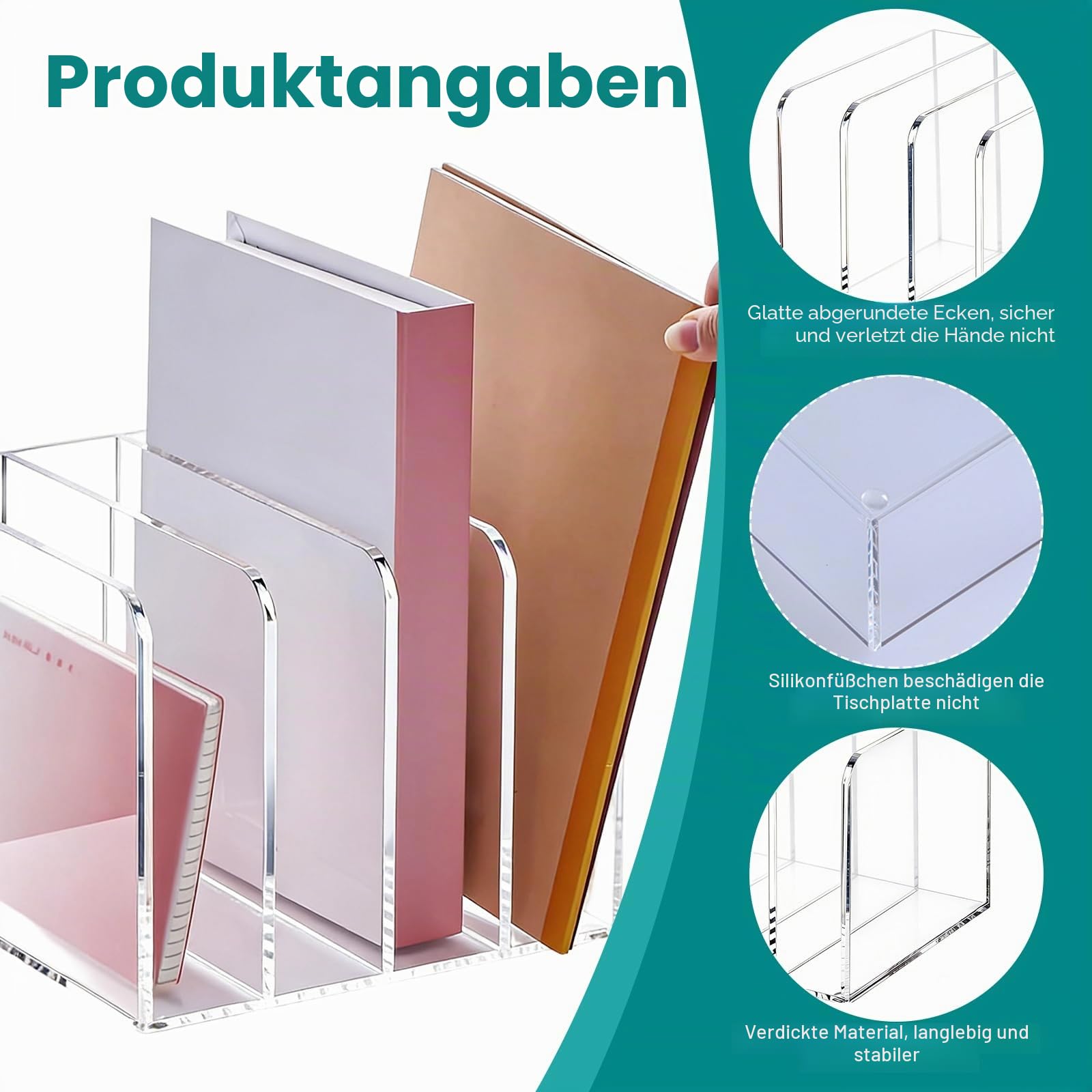 Acryl Zeitschriftensammler, Transparenter Stehsammler Zeitschriftenständer mit 4 Fächer Magazinhalter für Schreibtisch Post Dokumenten Buch Organizer (21 x 18,5 x 16 cm)