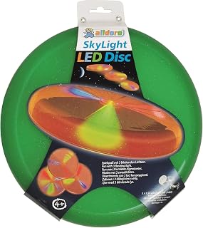 alldoro- Disco LED Sky Light, Frisbee con 3 Luces Intermitentes, diámetro Aprox. 27 cm, Funciona con Pilas, Colores Surtidos (Manfred Roser 60355)