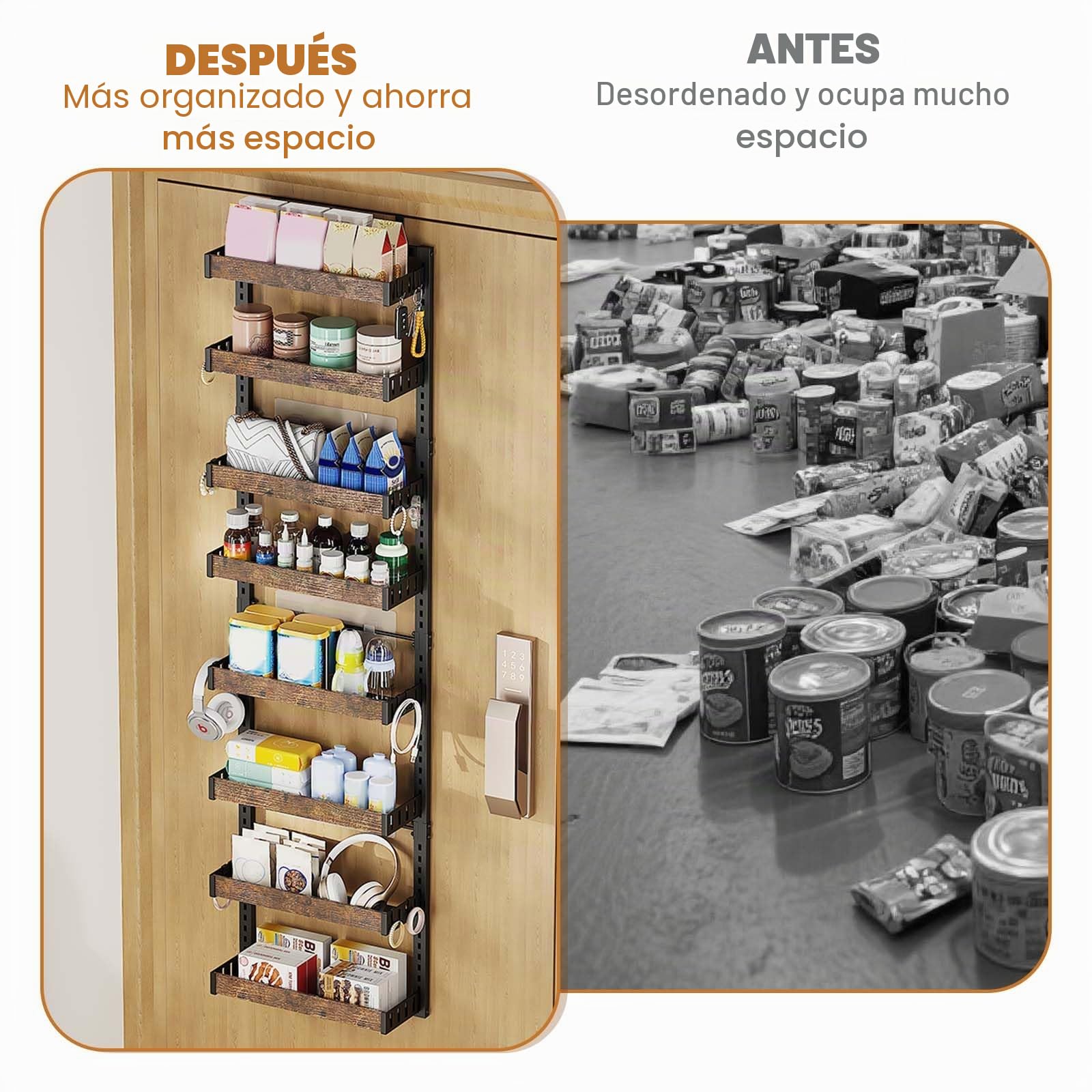 Aprovechamiento vertical y versatilidad – Estante colgante de puerta metálico con 8 niveles y cestas ajustables – especias y almacenamiento en cocina, – 45x14x170 cm – Color madera original