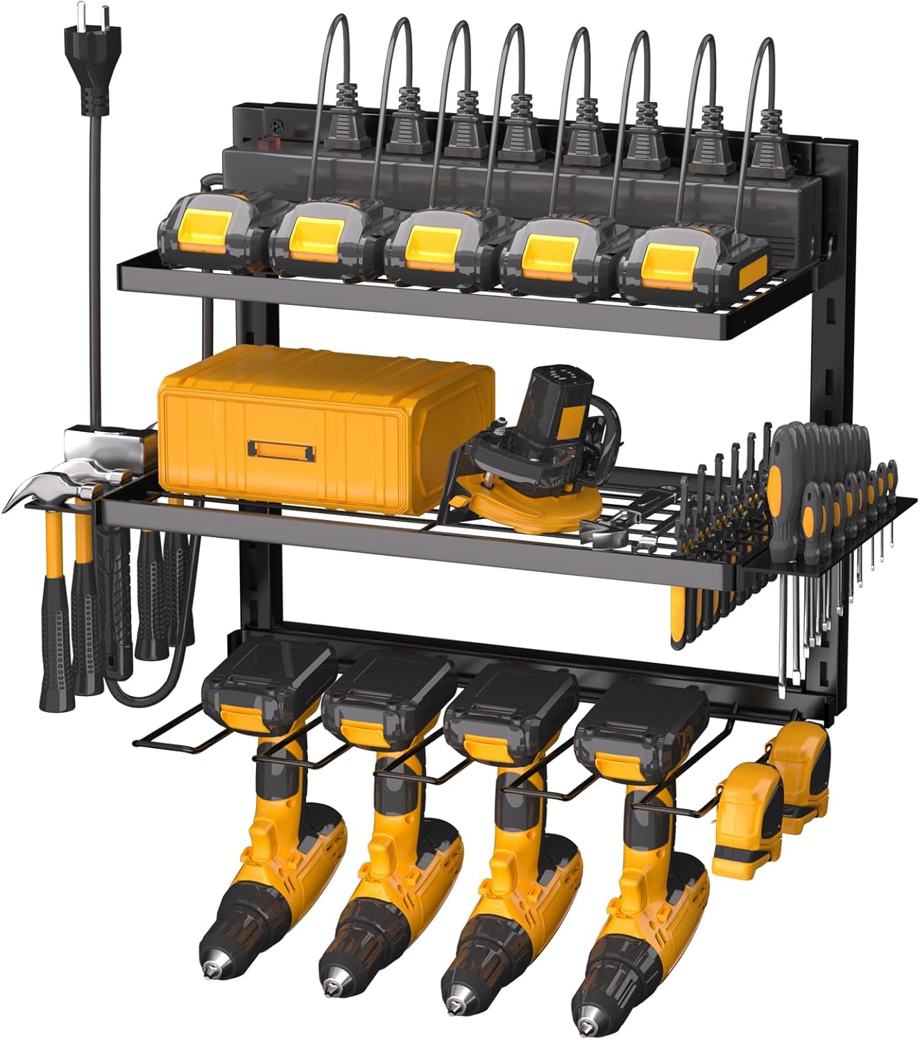 Power Tool Organizer Wall Mount with Charging Station, 4 Drill Holder Cordless Tool Organizer, 3 Layer Storage Rack Heavy Duty Metal Garage Organization with 8 Outlet Power Strip for Fathers Men Gift
