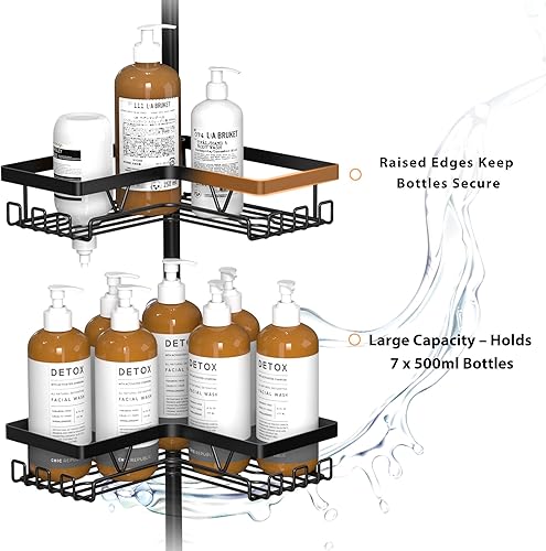 Miniatura 5 de KEGII Barra de tensión negra para ducha con 2 barras de toalla, organizador de baño de esquina ajustable, estantes de almacenamiento de bañera