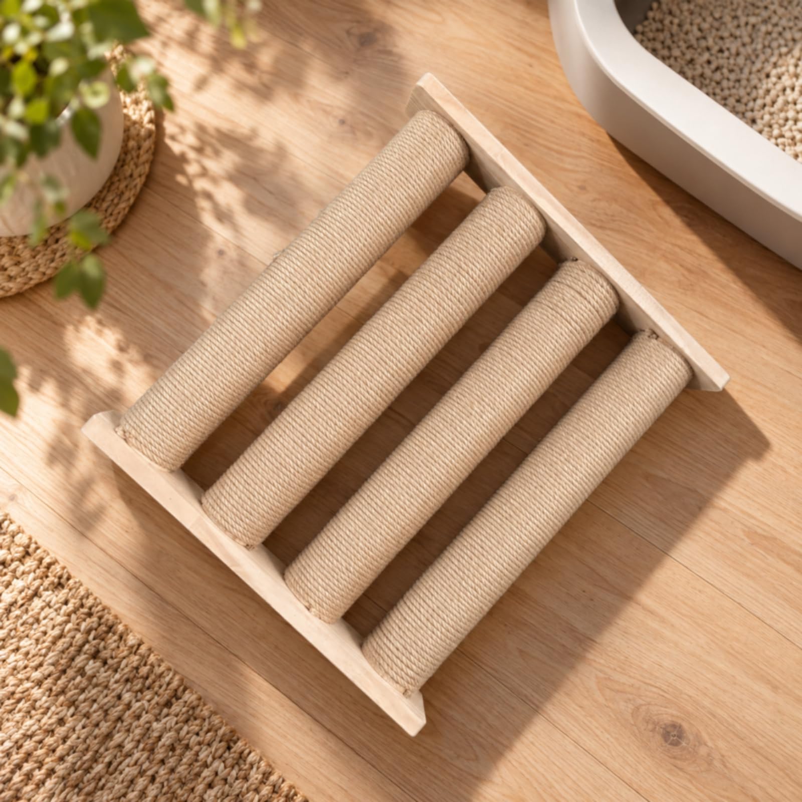 Rastrelliera in Legno con Corda di Sisal Antitraccia Naturale per Casa, 40CM Legno 4 Montanti, 43CM Corda 6MM