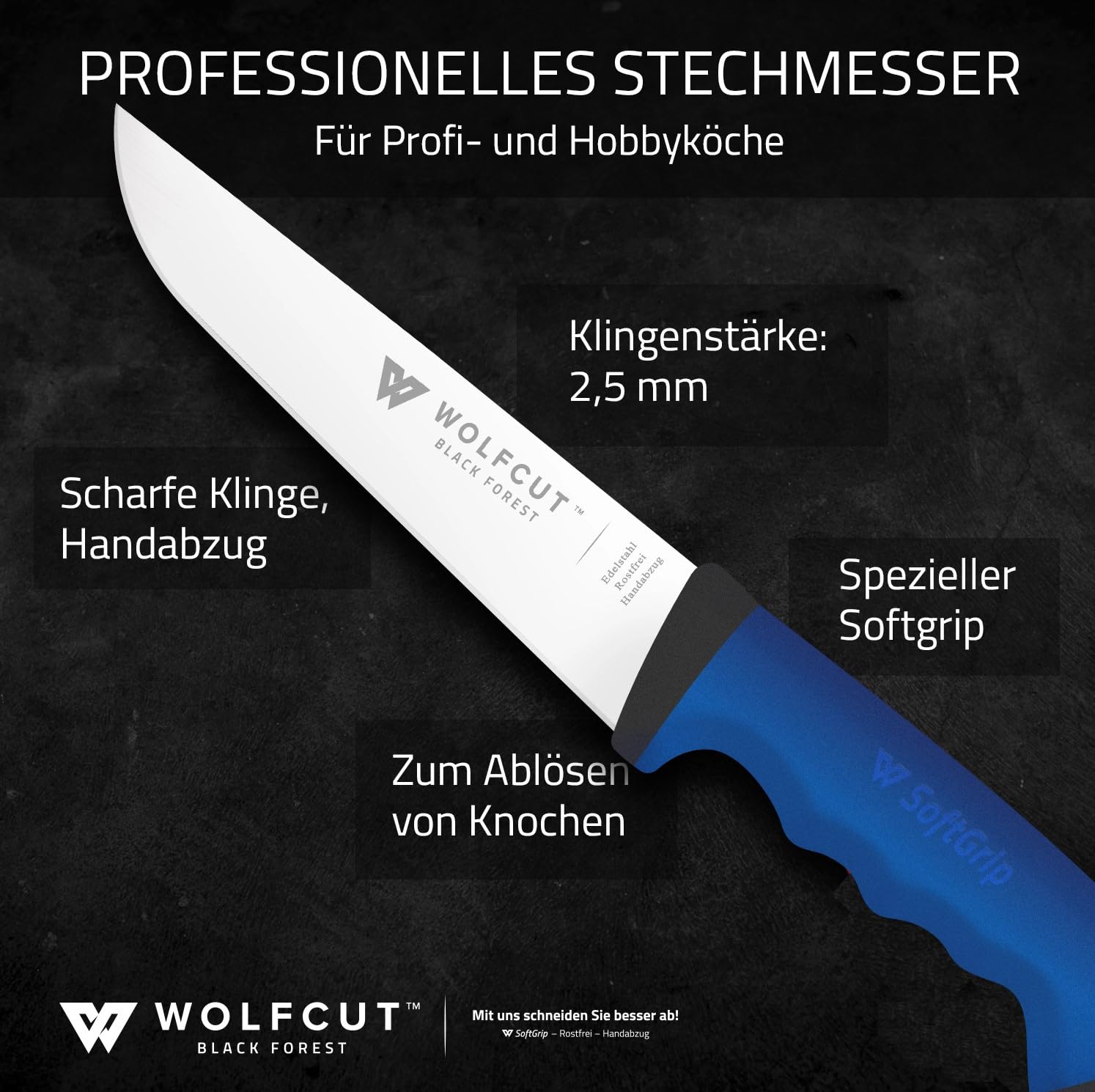 Wolfcut SoftGrip seria BLUE – 5-częściowy zestaw noży rzeźniczych – nóż do filetowania 13 i 15 cm, nóż do wykrawania, nóż do krojenia
