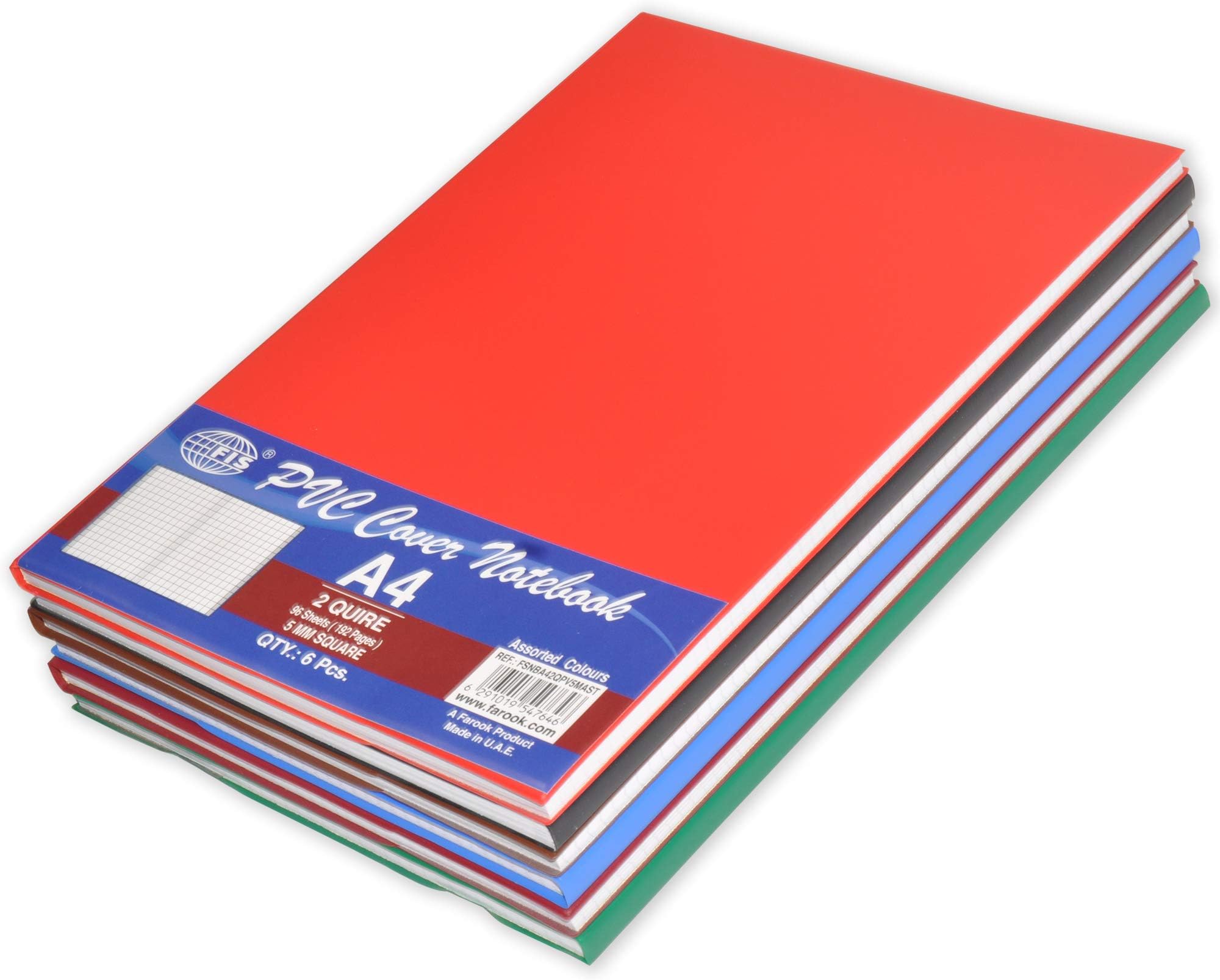 FIS PVC Notebook, A4 Size(29.7x21cm), 2 Quire, 96 Sheets, 5mm Square Grid Lines, Assorted Color, Pack of 6 Pieces-FSNBA42QPV5MAST