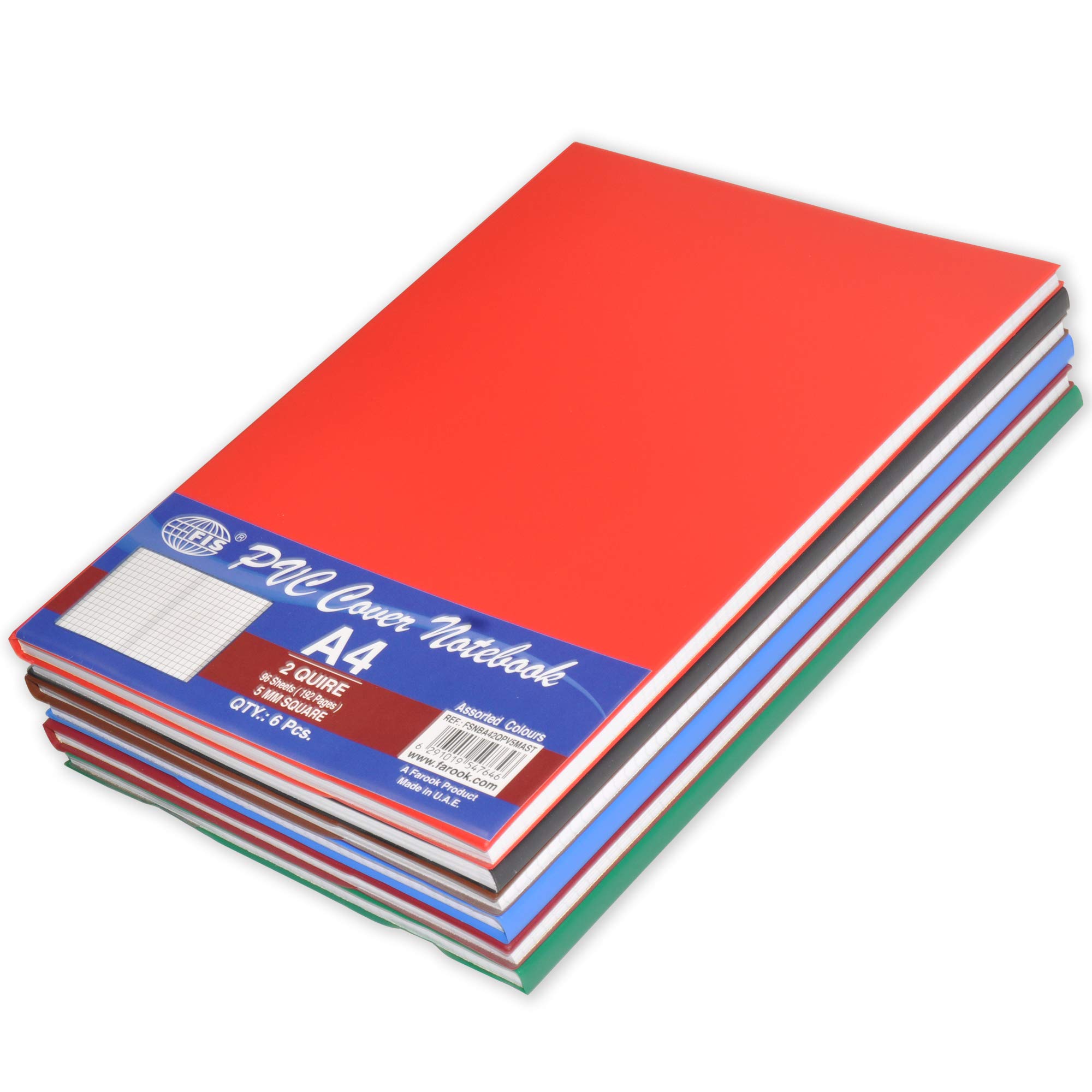 FIS PVC Notebook, A4 Size(29.7x21cm), 2 Quire, 96 Sheets, 5mm Square Grid Lines, Assorted Color, Pack of 6 Pieces-FSNBA42QPV5MAST