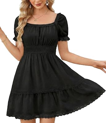 Florboom Womens 2026 Summer Boho Puff Sleeve Dresses Swiss Dot A Line Smocked Waist Mini Dress with Pockets