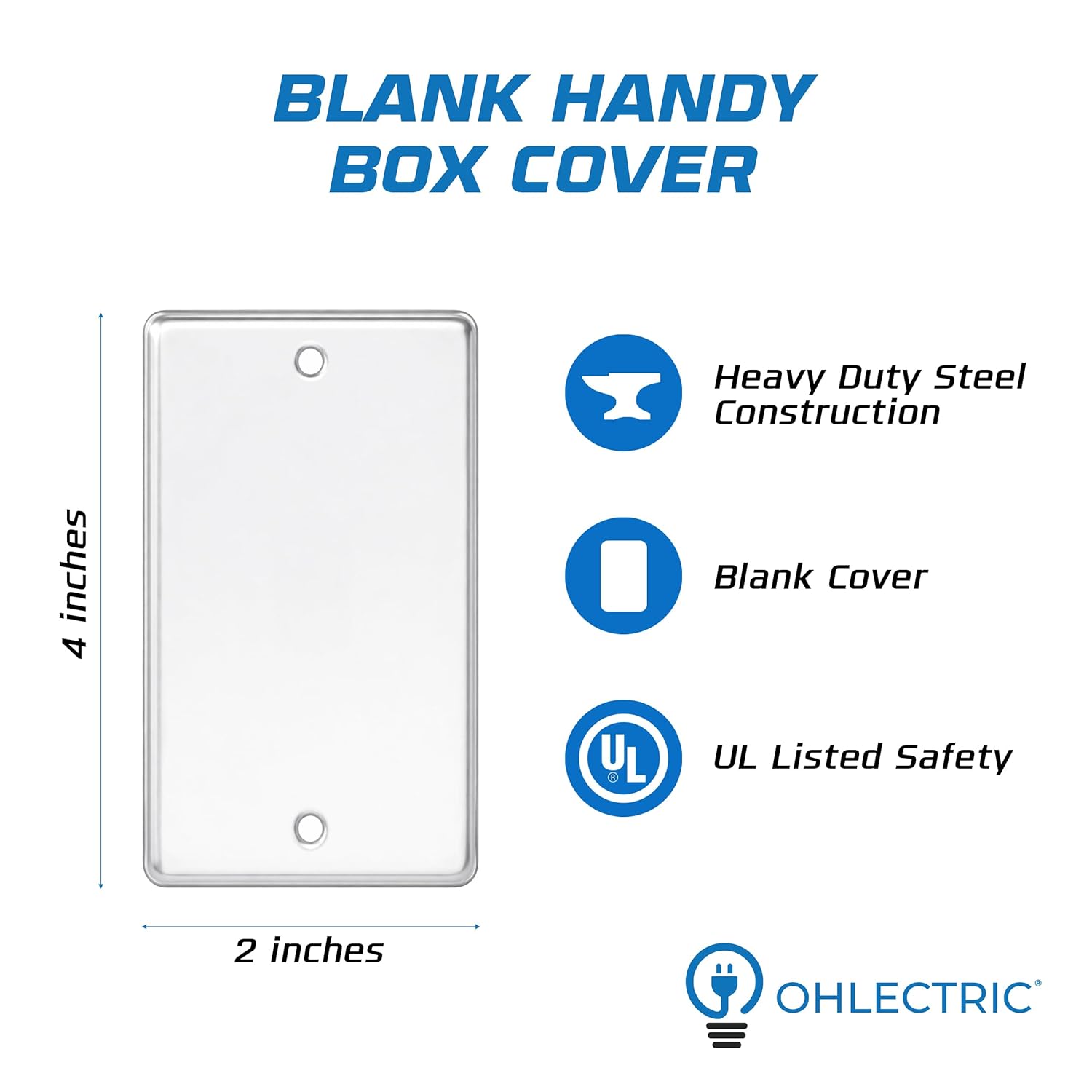 OHLECTRIC 4 Pack - 4x2 Single Gang Rectangle Blank Outlet Cover, Fire Rated | Ideal for Steel Junction and Device Box Covers for Wiring Connection Protection and Wiring Devices