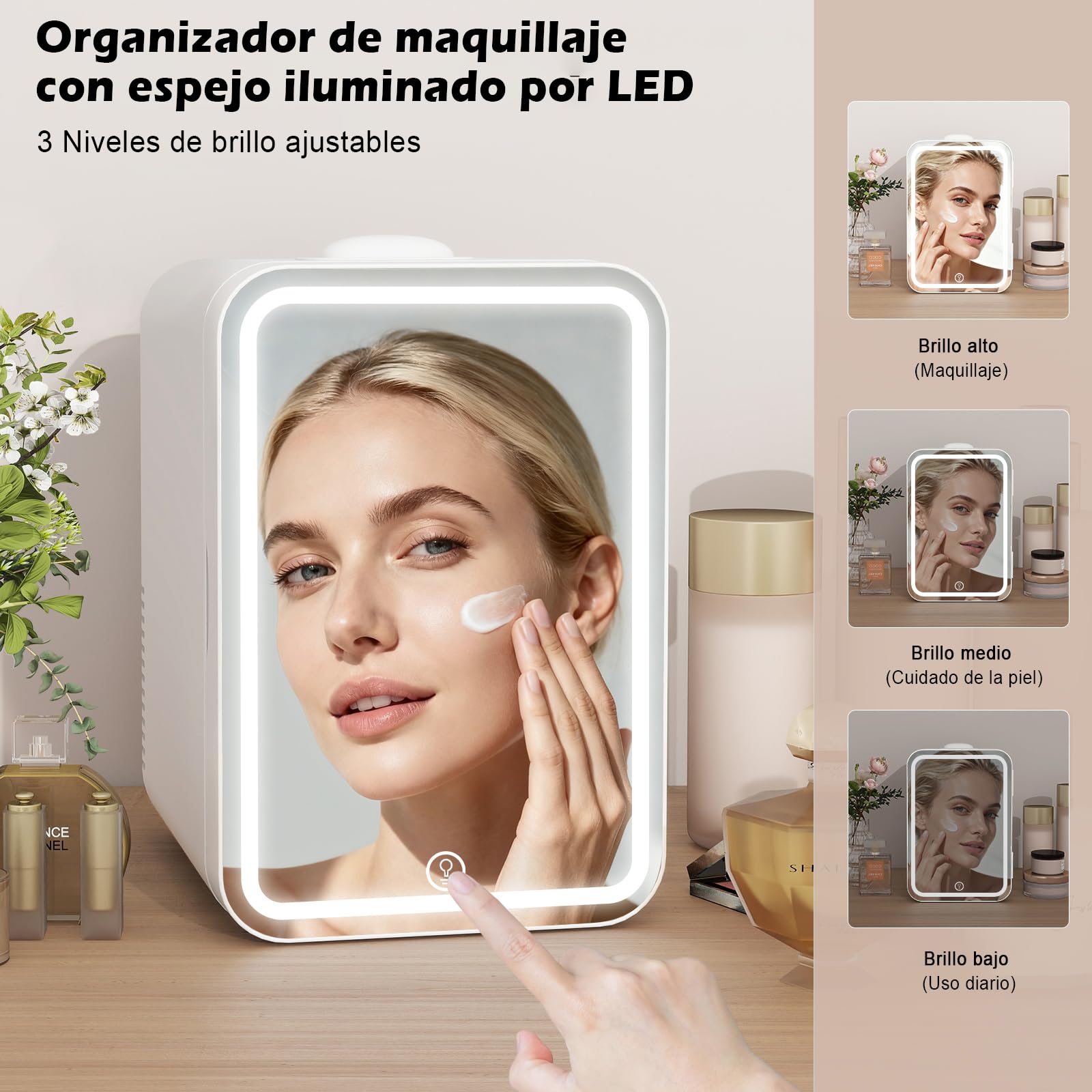 YU YUSING Mini Nevera 8L con Espejo LED, Frigorificos Pequeños Cosmética | mini frigorifico, Función Frío y Calor, Nevera Pequeña Portatil 12V/220V para Habitacion Coche Oficina Dormitorio, 8L, Blanco