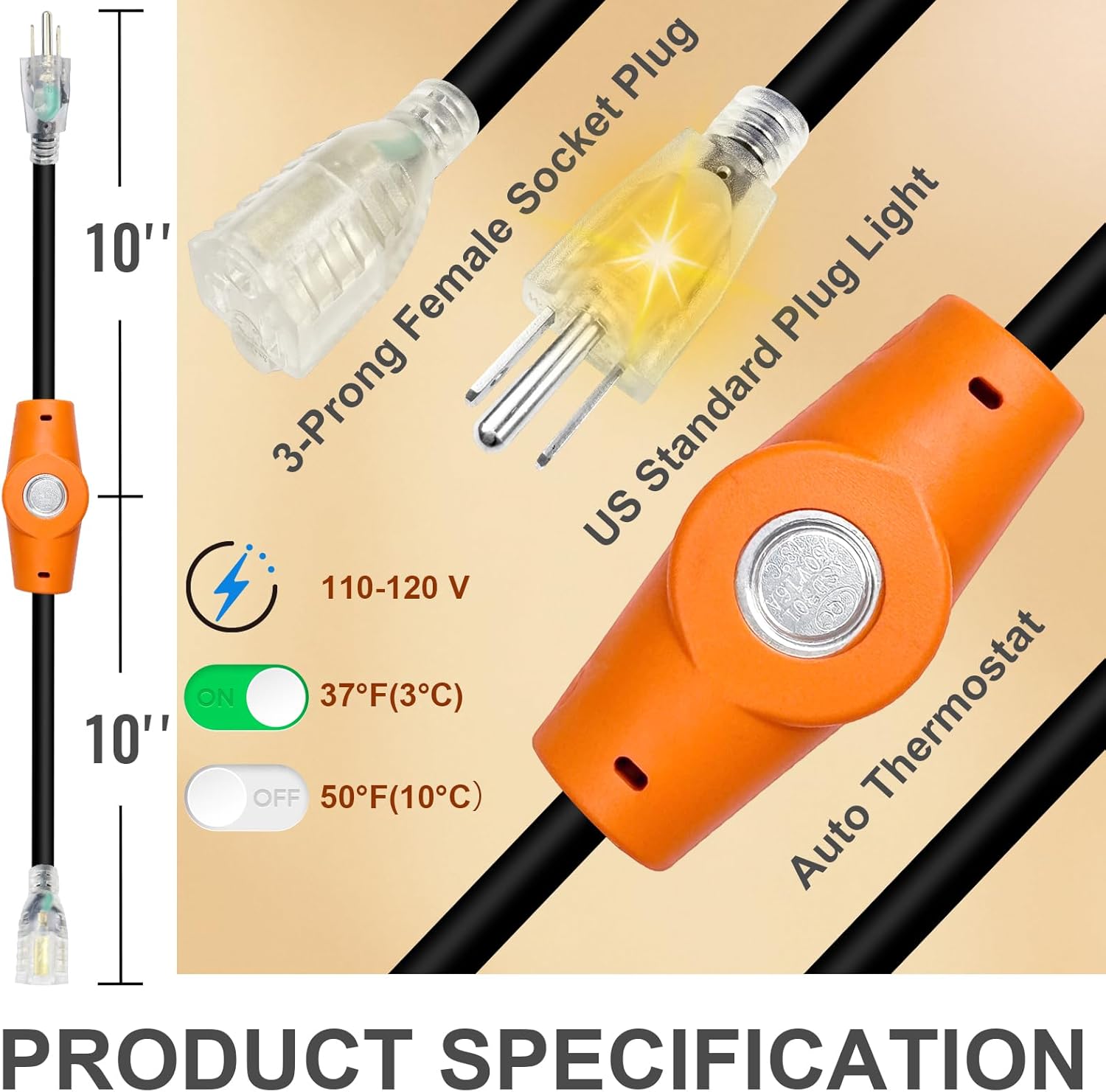 2 PCS Temperature Controlled Extension Cord, Auto 37°F(3°C) On/50°F(10°C) Off, YeloDeer Energy-Saving Thermostatically Controlled Outlet for House 120V 15A Plug in Thermostat for Heate