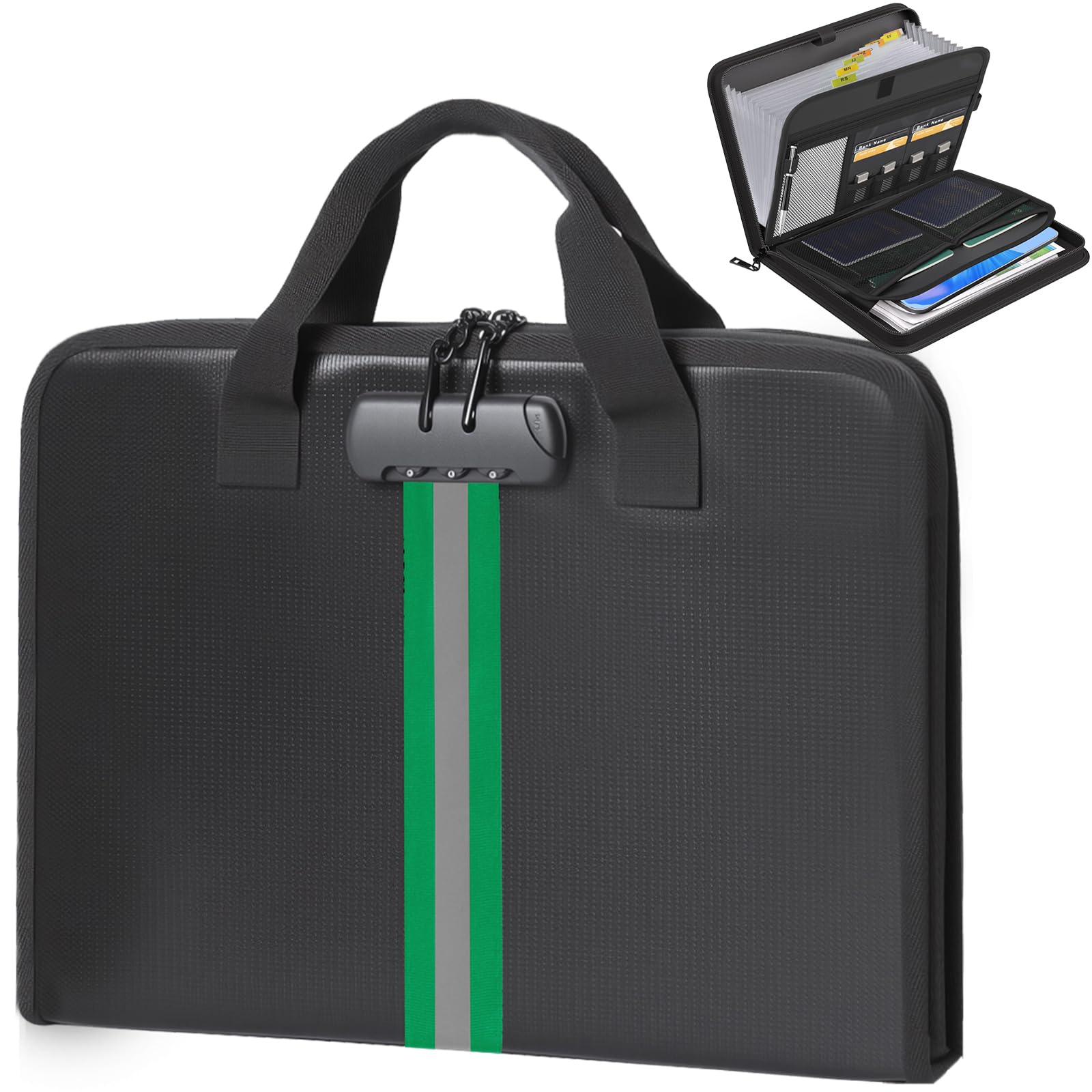 Accordion File Organizer with Combination Lock,Fireproof Expanding File Folder with Multi Pockets,13 Pockets Document Organizer with Handle & Labels,Portable Home Travel Safe Storage Letter A4 Files