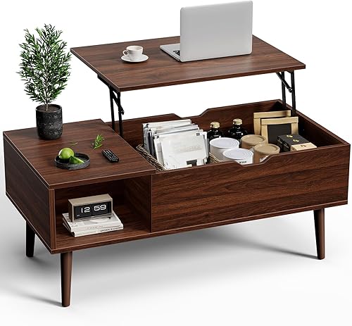 Miniatura 8 de OLIXIS Mesa de Centro de Café de Madera con Tapa Elevable con Compartimento Oculto y Estante de Almacenamiento Grande, Mesa de Comedor Central