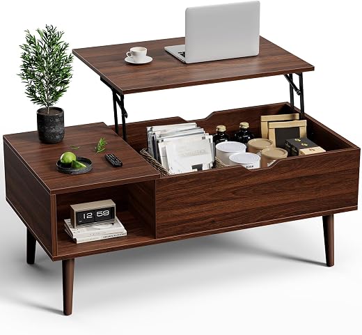 OLIXIS Wood Lift Top Coffee Table with Hidden Compartment and Large Storage Shelf, Lift Tabletop Dining Center Table for H...