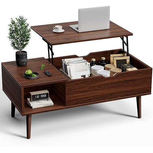 OLIXIS Wood Lift Top Coffee Table with Hidden Compartment and Large Storage Shelf, Lift Tabletop Dining Center Table for Home Living Room Office, Dark Brown
