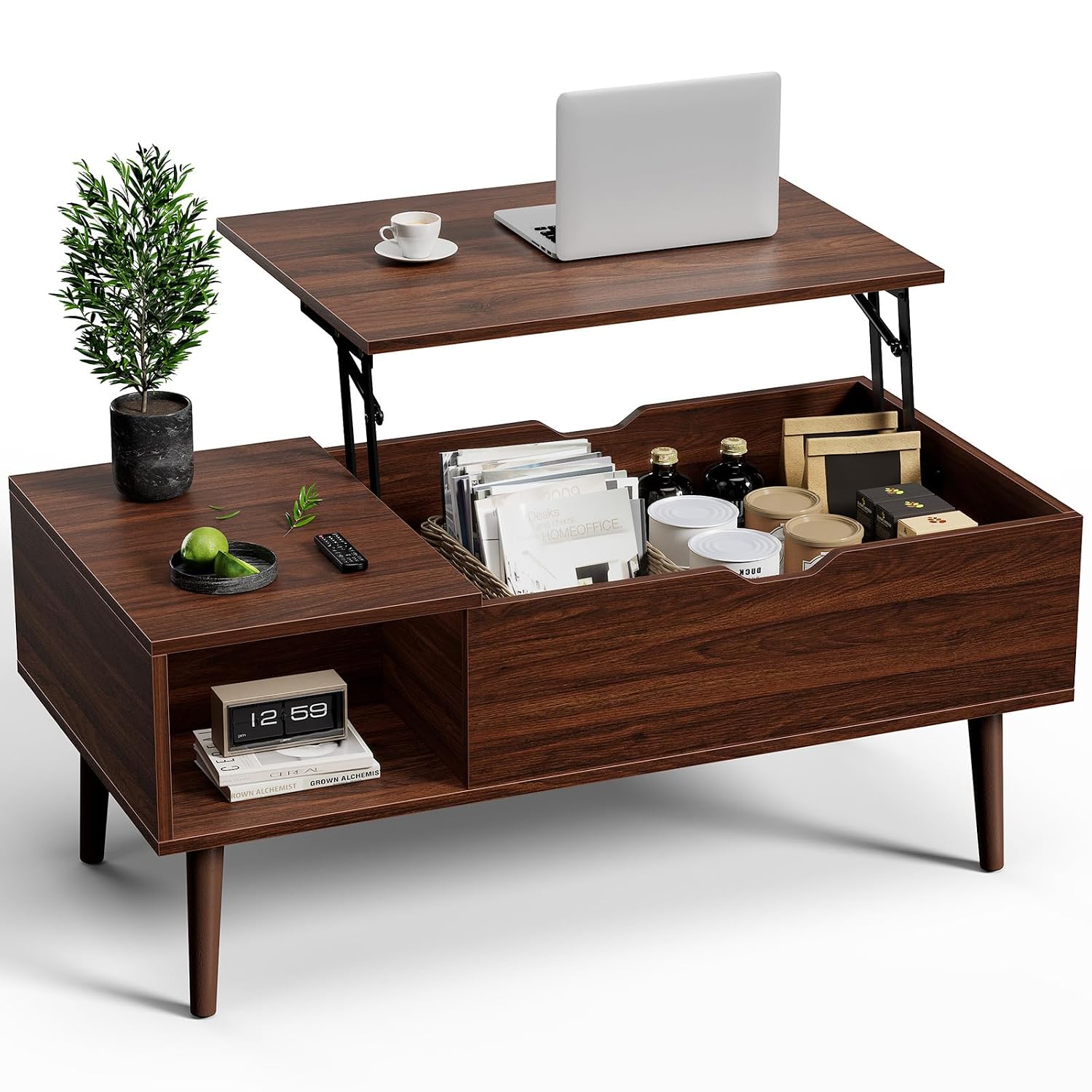 OLIXIS Wood Lift Top Coffee Table with Hidden Compartment and Large Storage Shelf, Lift Tabletop Dining Center Table for H...