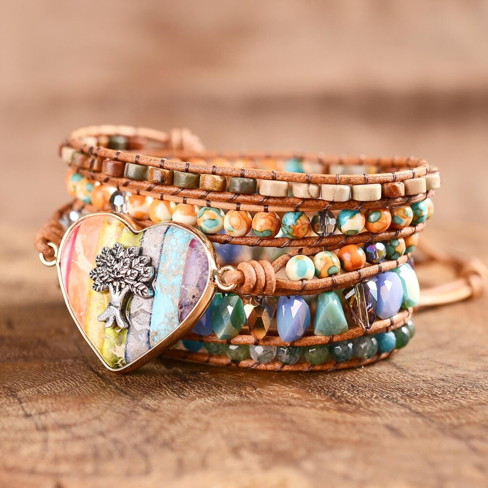 Weav Baum des Lebens Herz 7 Chakra Stein Perlen Damen 5X Wickelarmbänder Armreifen