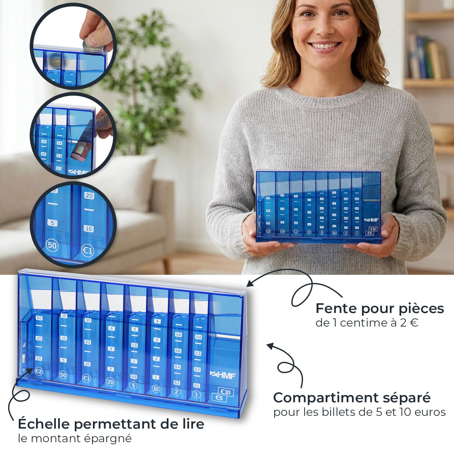 HMF Compteur de pièces avec tri Automatique pour Le Rangement de la Monnaie, trieur de pièces Transparent avec échelle de Valeur, Tirelire pour Enfants | 24 x 12 x 5 cm | Bleu
