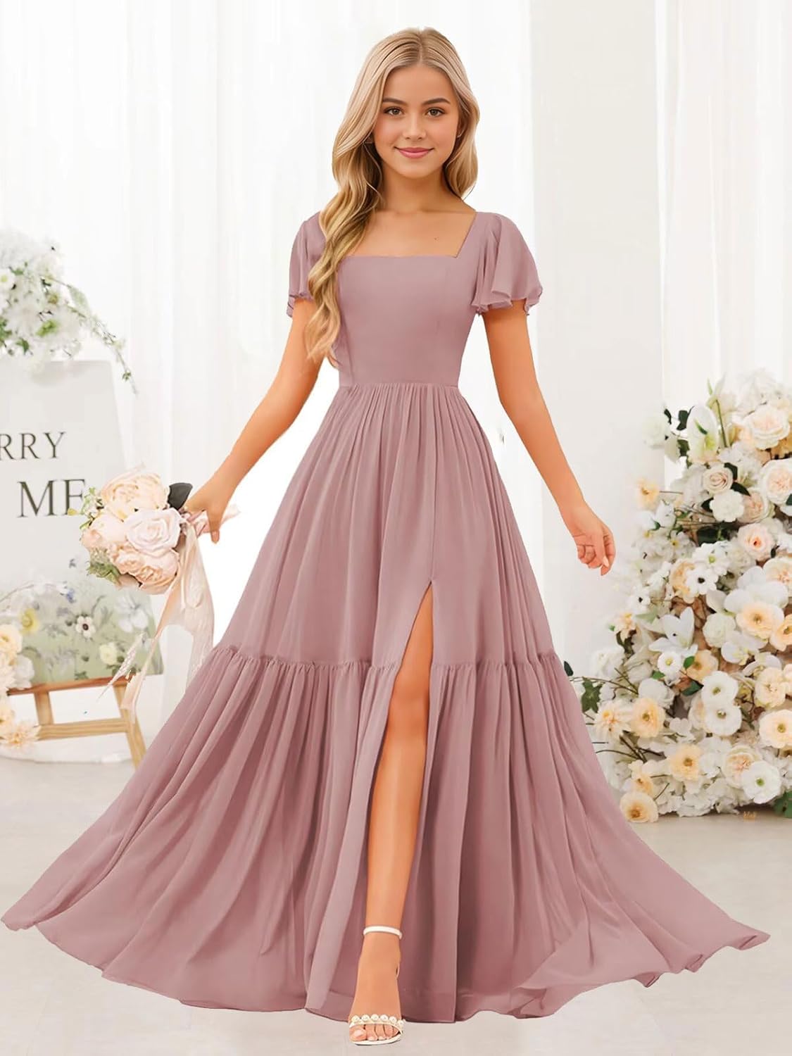 Chiffon Junior Bridesmaid Dresses Long A Line Formal Flower Girl Dress with Slit Short Sleeve Wedding Party Gown - Image 3