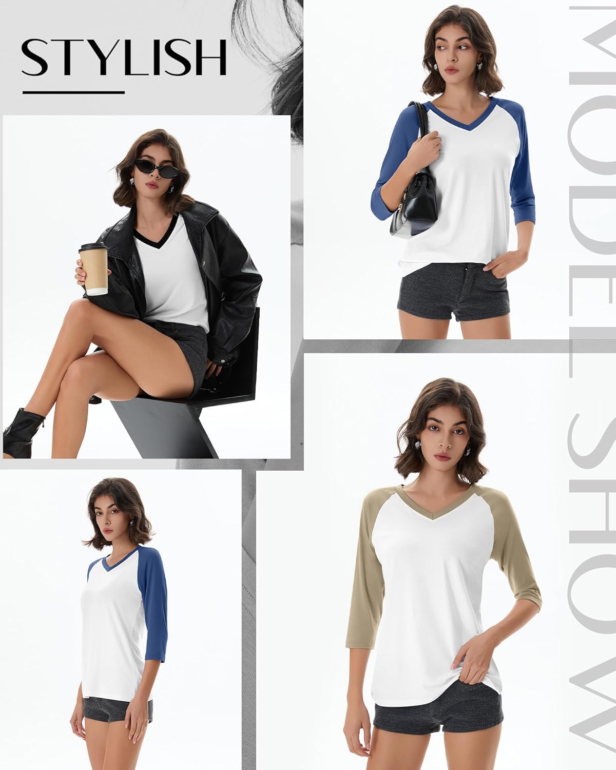3 Pack Women’s V Neck 3/4 Sleeve Shirts, Raglan Color Block Tees Baseball Style Loose Casual Tops - Image 6