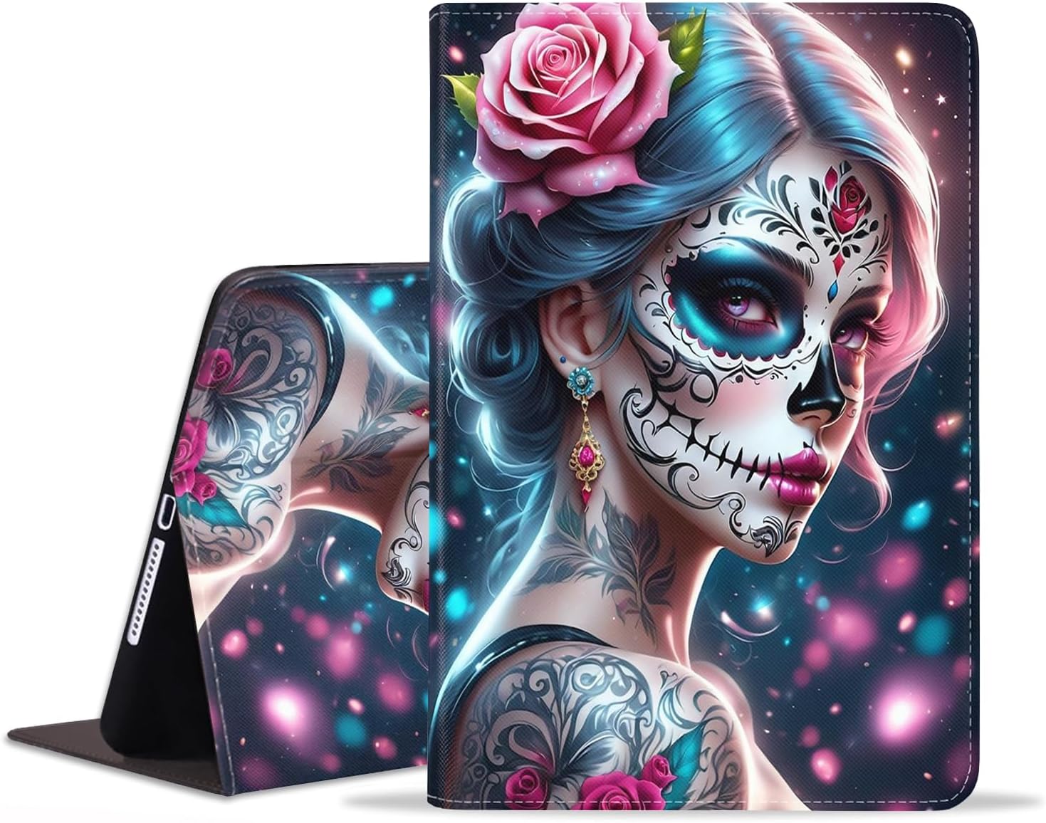 Case for iPad (A16) 11th Generation 11 Inch 2025, iPad 10th Generation 10.9 Inch 2022, Premium PU Leather Stand Folio Cover with Auto Sleep/Wake, Sugar Skull Girl Flower