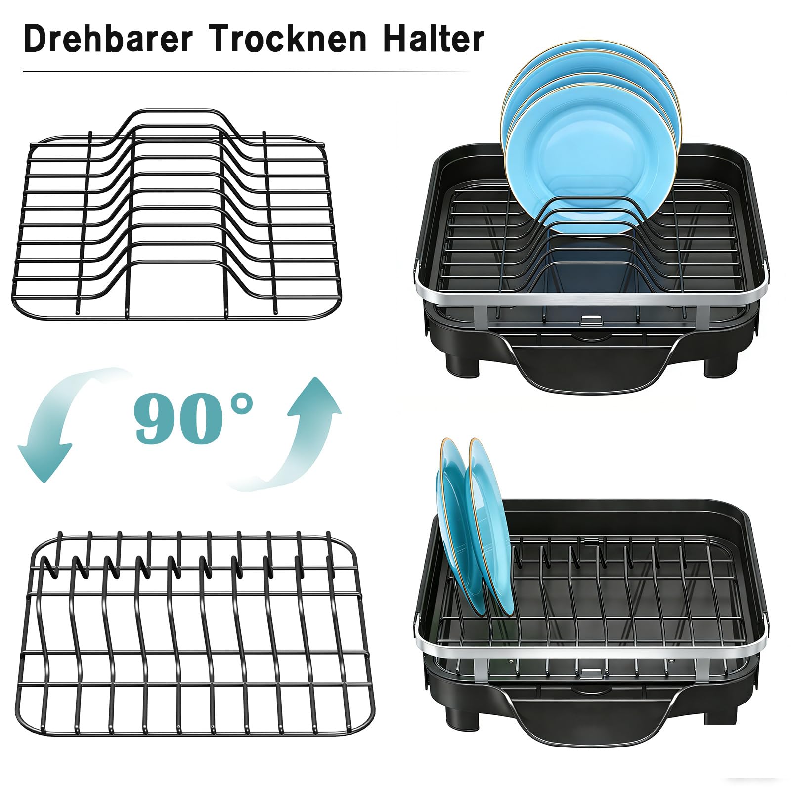 PurKeep Escurreplatos extensible con soporte para cubiertos, color negro | Escurreplatos con bandeja de goteo para platos, tazas, cubiertos, escurreplatos para ahorrar espacio, color negro