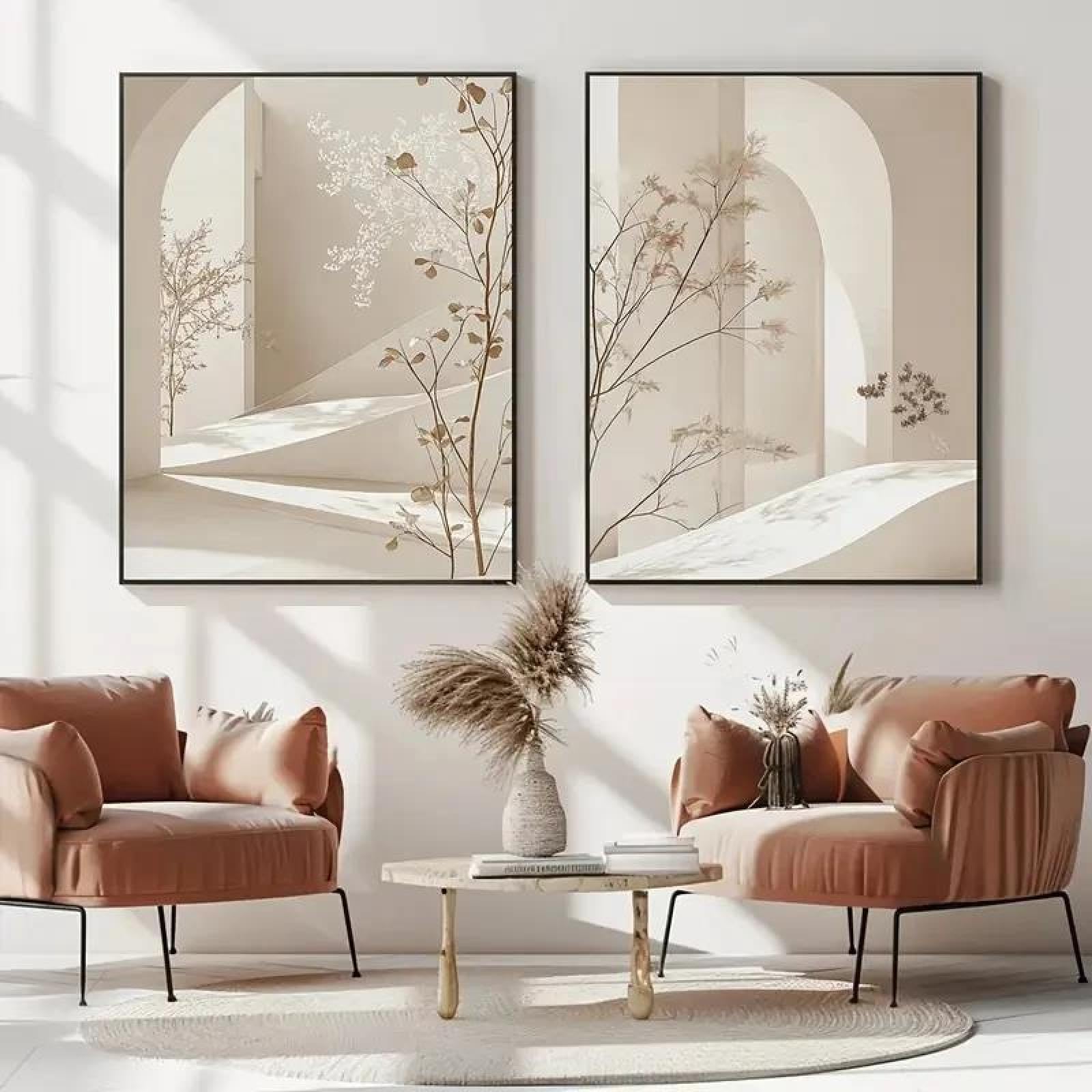 Baibexing Abstract Beige Plant Leaves Canvas Painting Poster Print Wall Art Living Room Room Home Decoration 50X70Cmx2Pcs Unframed