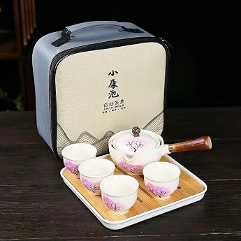 Ceramic Portable Travel Tea Set Chinese Kungfu Tea Set with 360 Rotation Teapot and Infuser 4 Tea Cups Tea Tray and Travel Bag Cherry Blossom