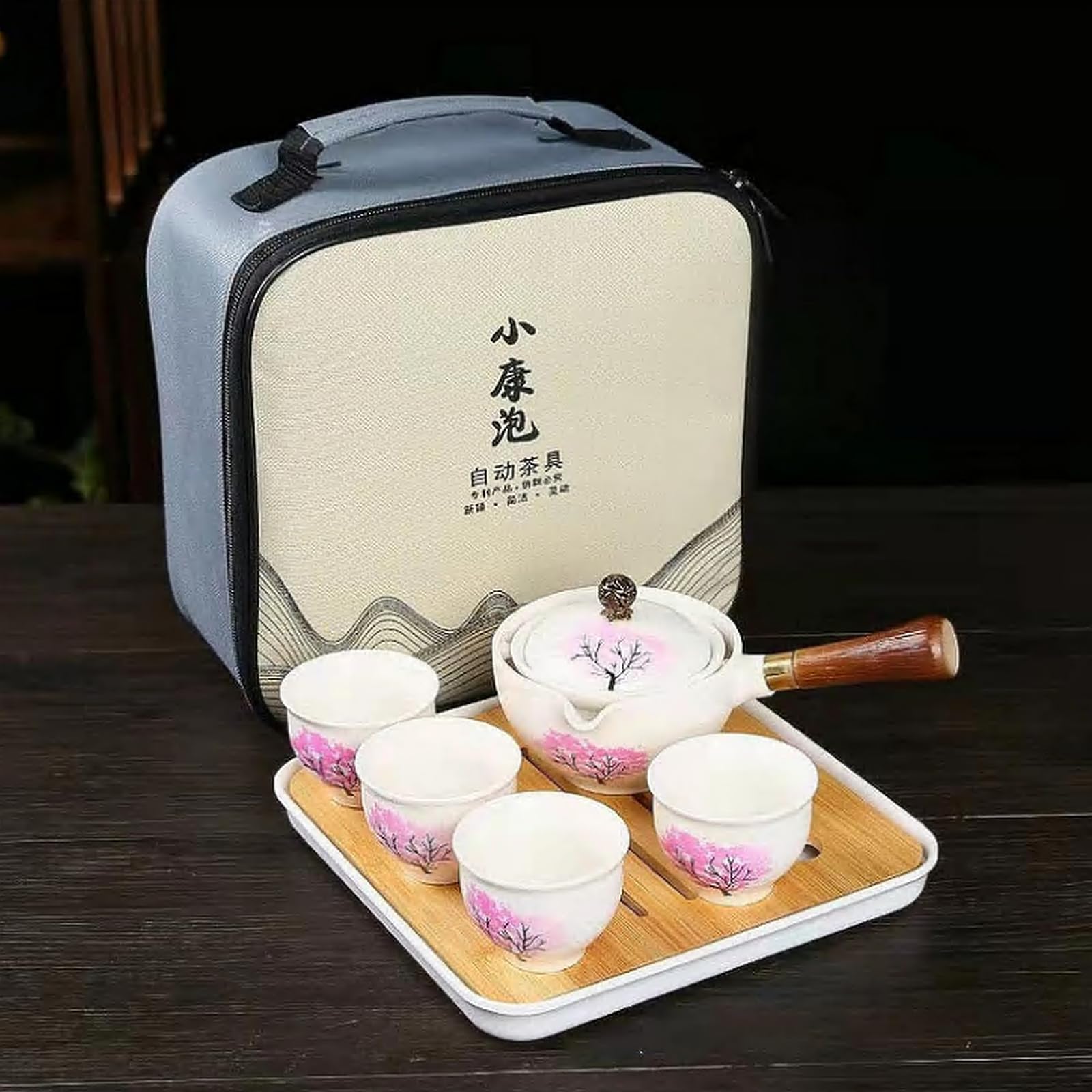 Scizorito Ceramic Portable Travel Tea Set, Chinese Kungfu Tea Set with 360 Rotation Teapot and Infuser, 4 Tea Cups, Tea Tray and Travel Bag (Cherry Blossom)