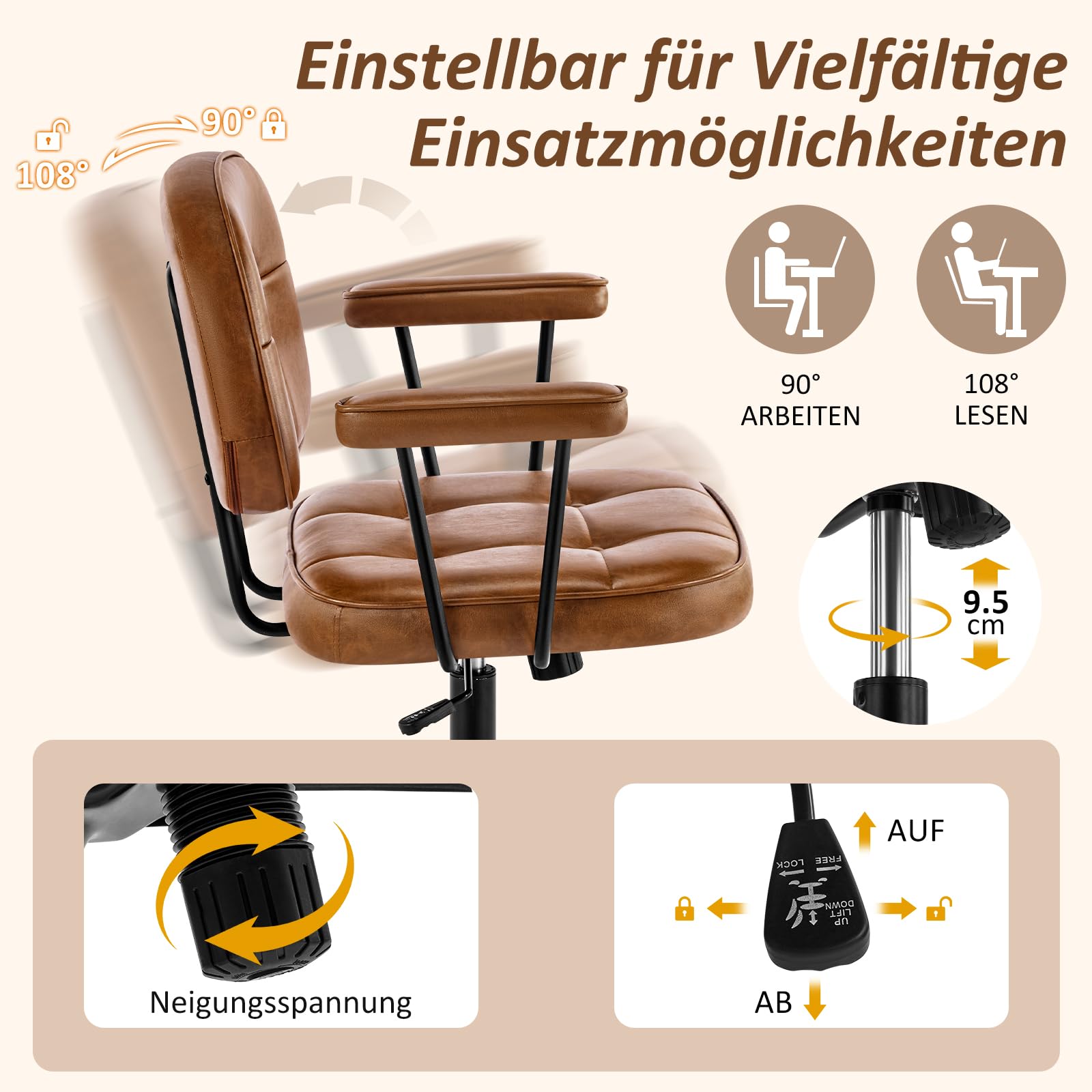 Hellove Schreibtischstuhl Bürostuhl Ergonomisch mit Armlehnen PU Leder 360° Drehstuhl Höhenverstellbarer Computerstuhl für Arbeitszimmer Homeoffice Büro Wohnzimmer Schlafzimmer, Braun
