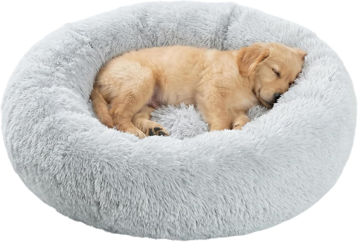 savfox 23 inches calming donut dog bed - 3x durable plush faux fur, machine washable & non-slip, fits up to 25 lbs, light grey small | 23"x23" light grey