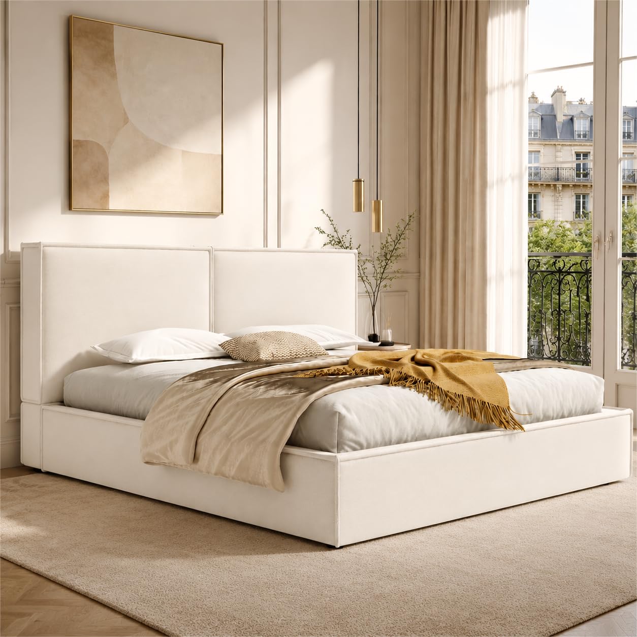 Letto Imbottito 180x200 Rivestimento in Lino Letto Matrimoniale con Testiera Imbottita Bed King Size con Rete a Doghe con Sollevamento Idraulico con Vano sotto la Rete Camera Beige