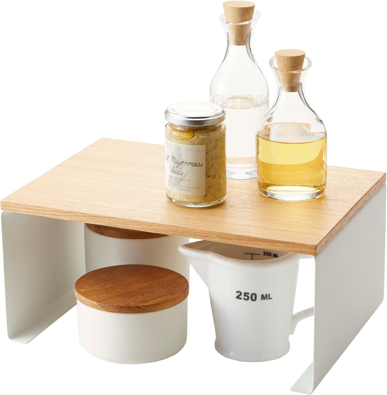 YAMAZAKI 3923 TOSCA Stackable Kitchen Rack with Wooden Top, white, Steel/Wood, Minimalist, 30.5 x 22 x 14.5 cm
