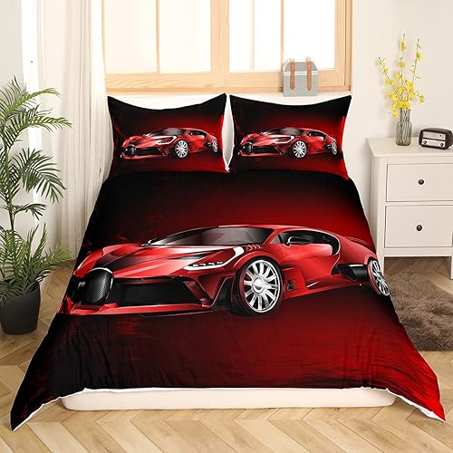 Juego de funda de edredón de coche deportivo, juego de funda de edredón roja de coche de carreras para niños y niñas, juego de ropa de cama con